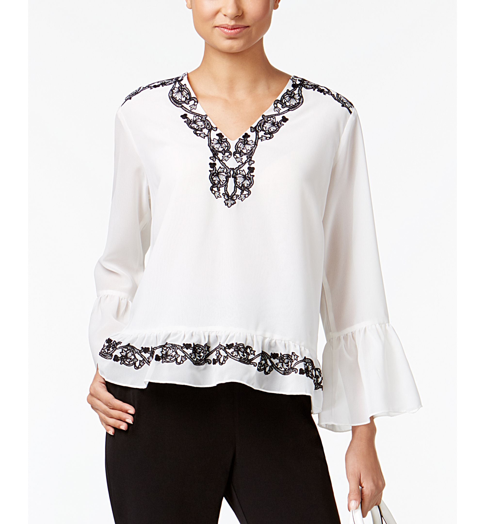 Chelsea and Theodore Embroidered Bell-Sleeve Signature Blouse
