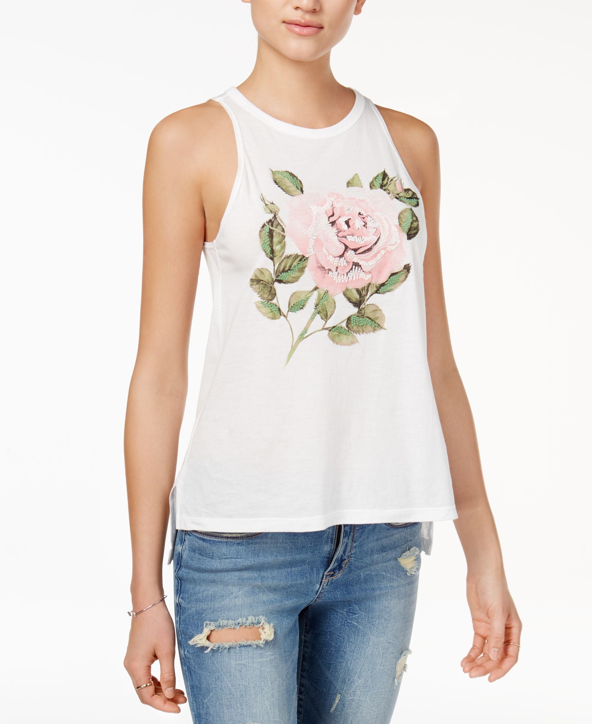 Carbon Copy Embroidered Rose Print Tank Premium Top