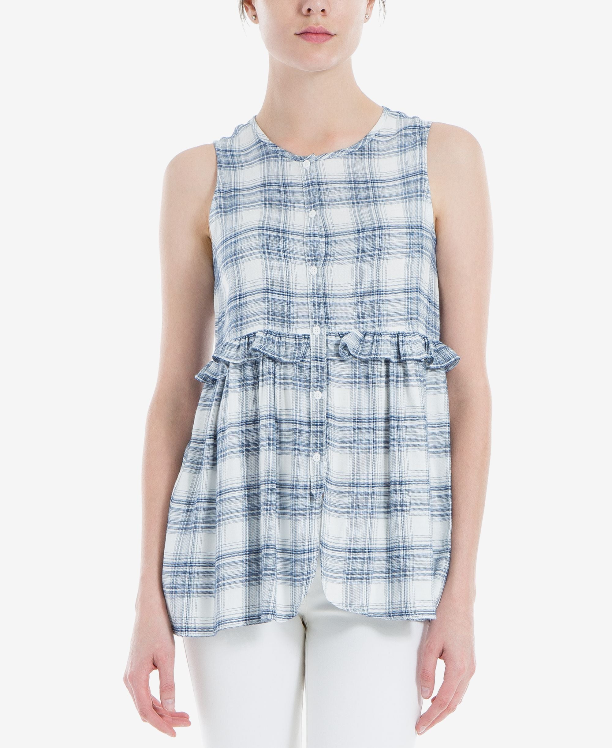 Max Studio London Ruffled Plaid Premium Top