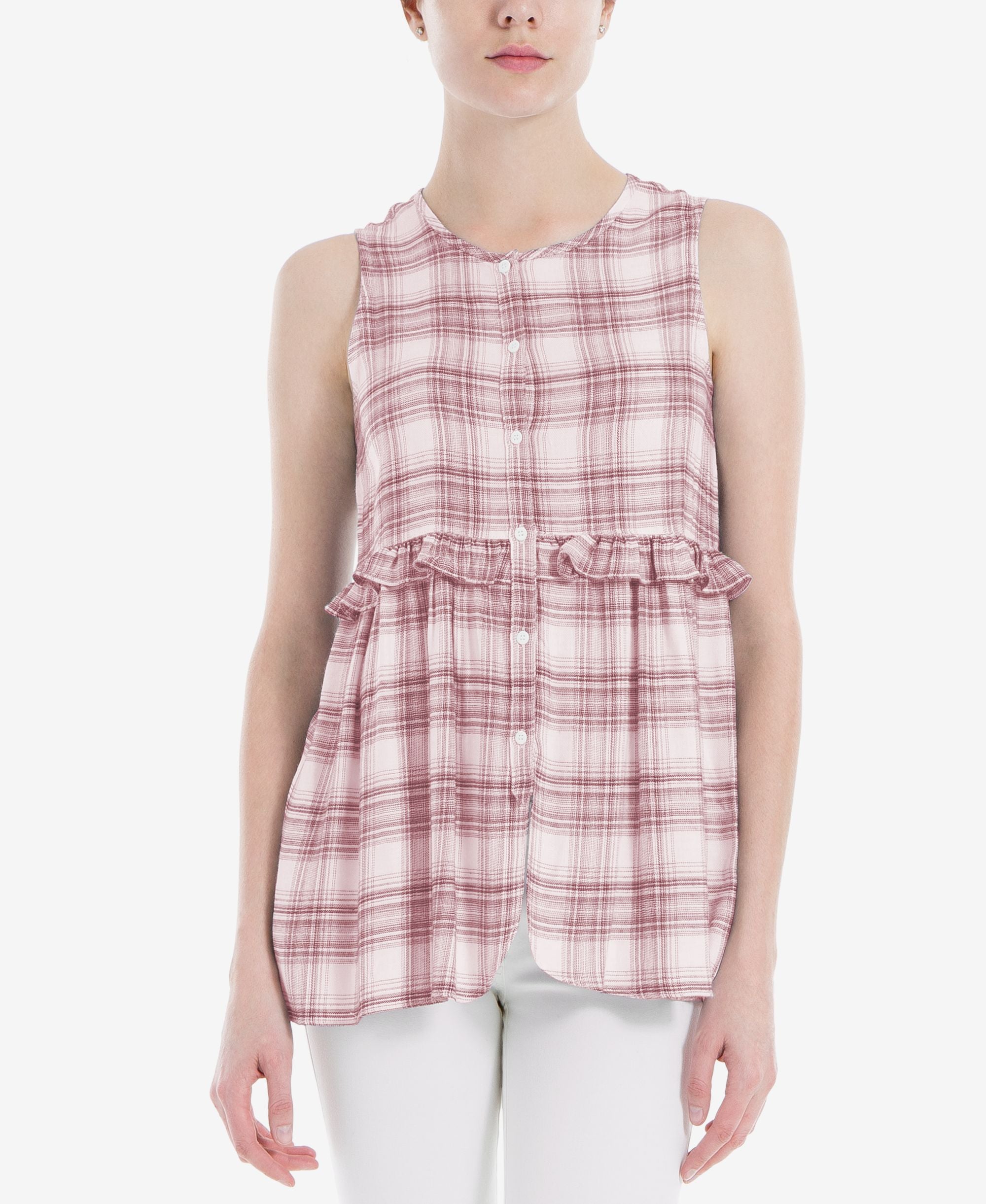 Max Studio London Ruffled Plaid Premium Top
