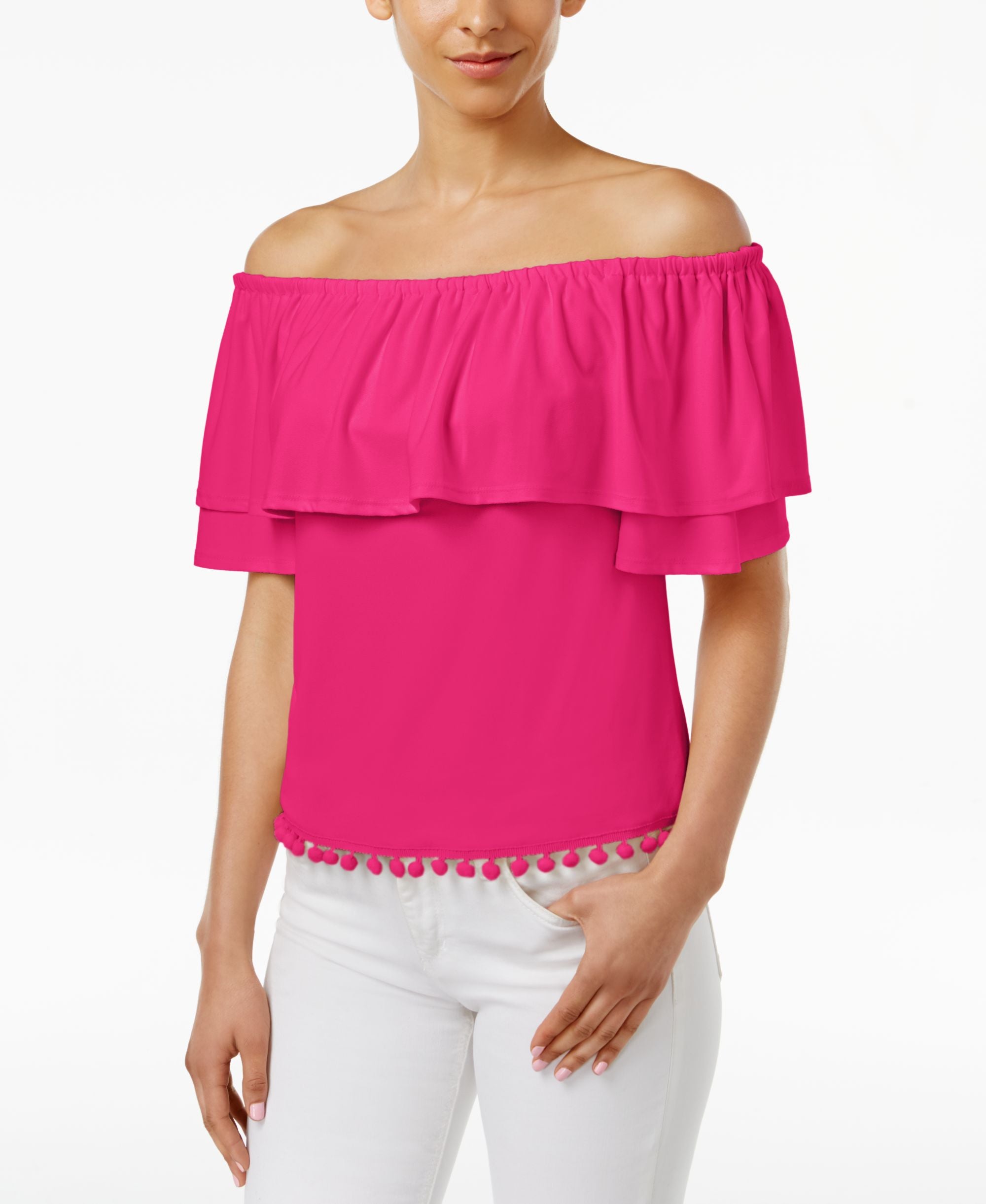 Kensie Flounce Pom Pom Off The Shoulder Premium Top Style