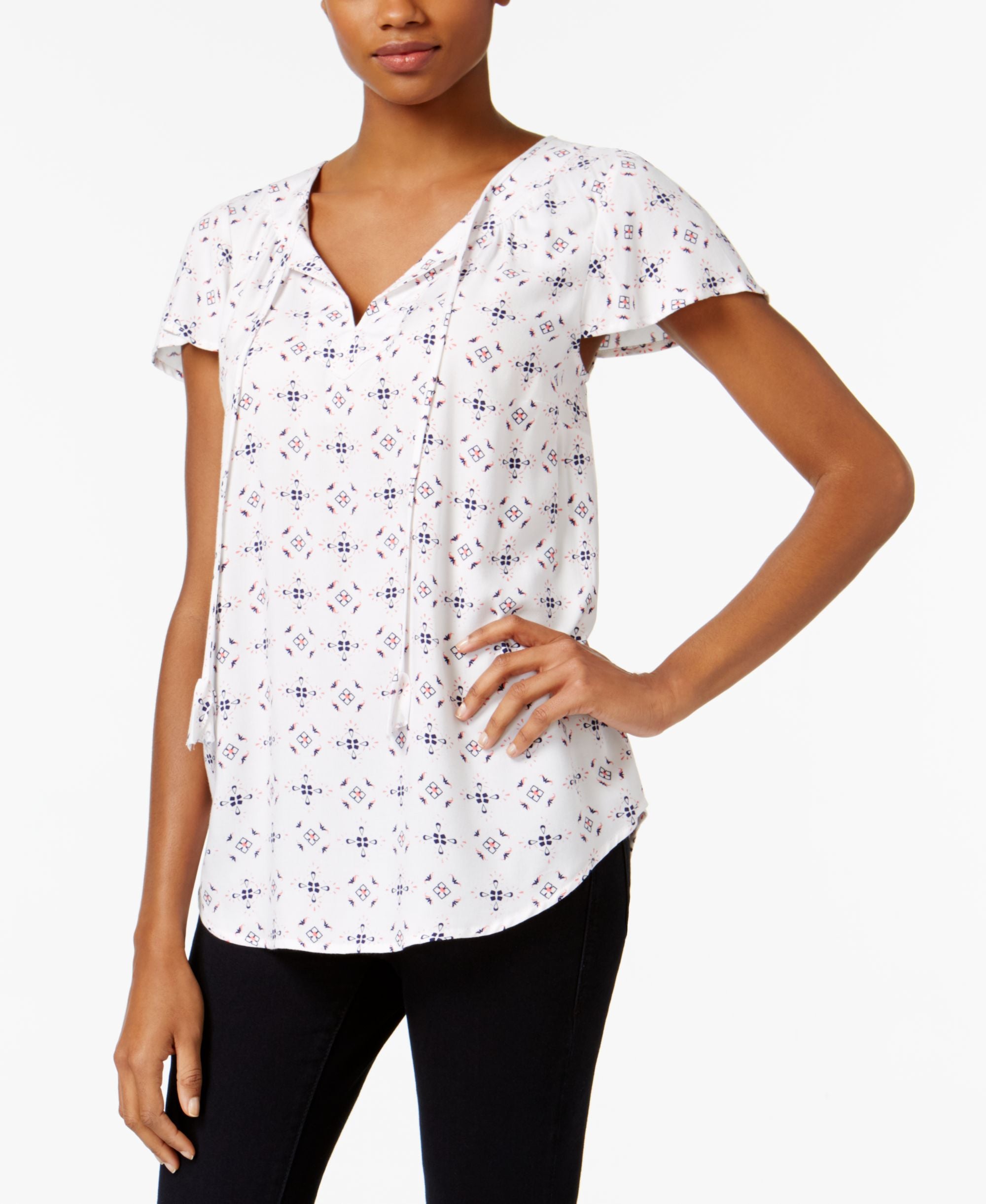 G.h. Bass Co. Geometric Print Flutter-Sleeve Premium Top