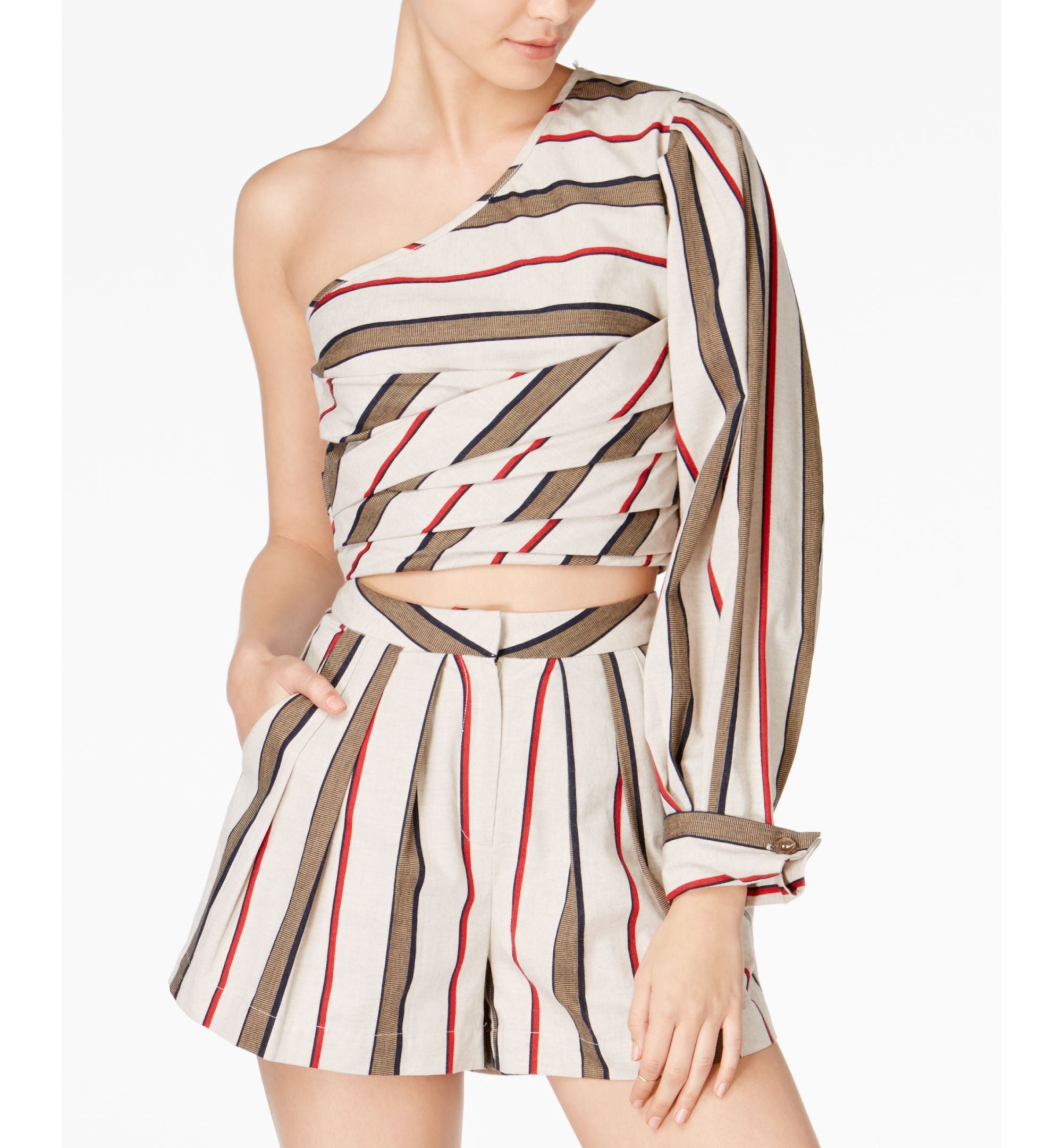 J.O.A. Cotton Striped One Shoulder Premium Top