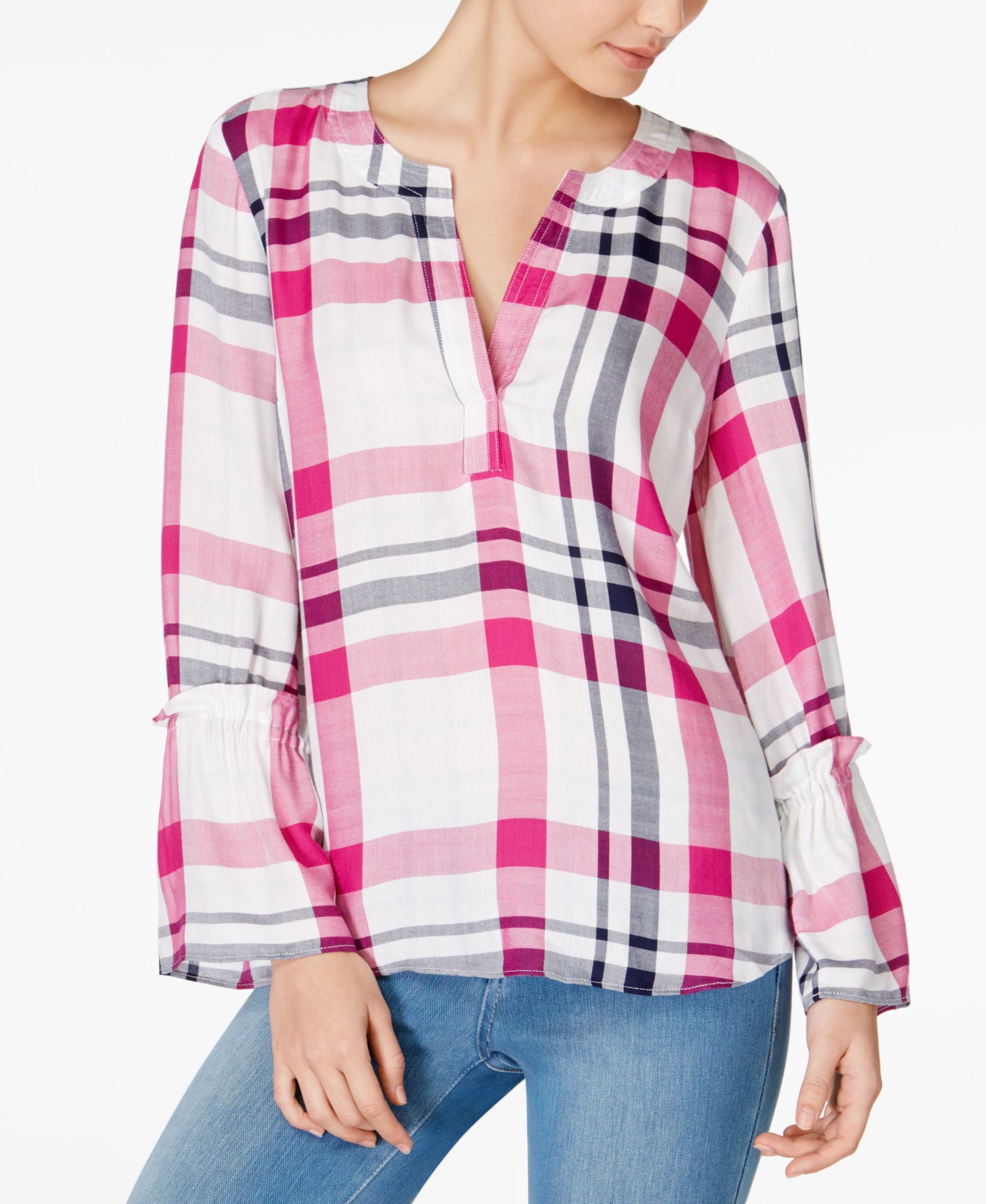 Maison Jules Plaid Split Neck Modern Shirt