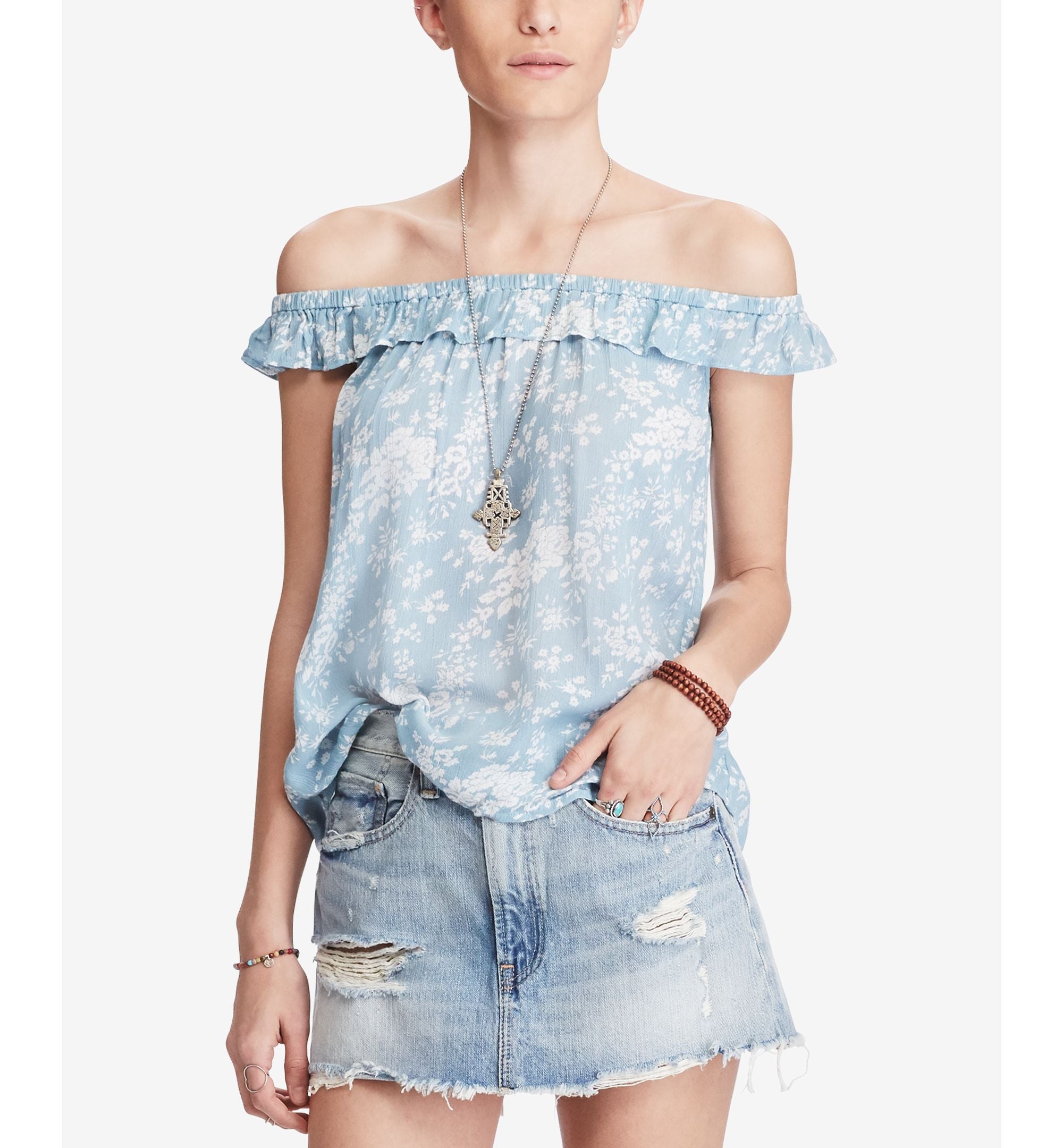 Denim Supply Ralph Lauren Off The Shoulder Flounce Premium Top