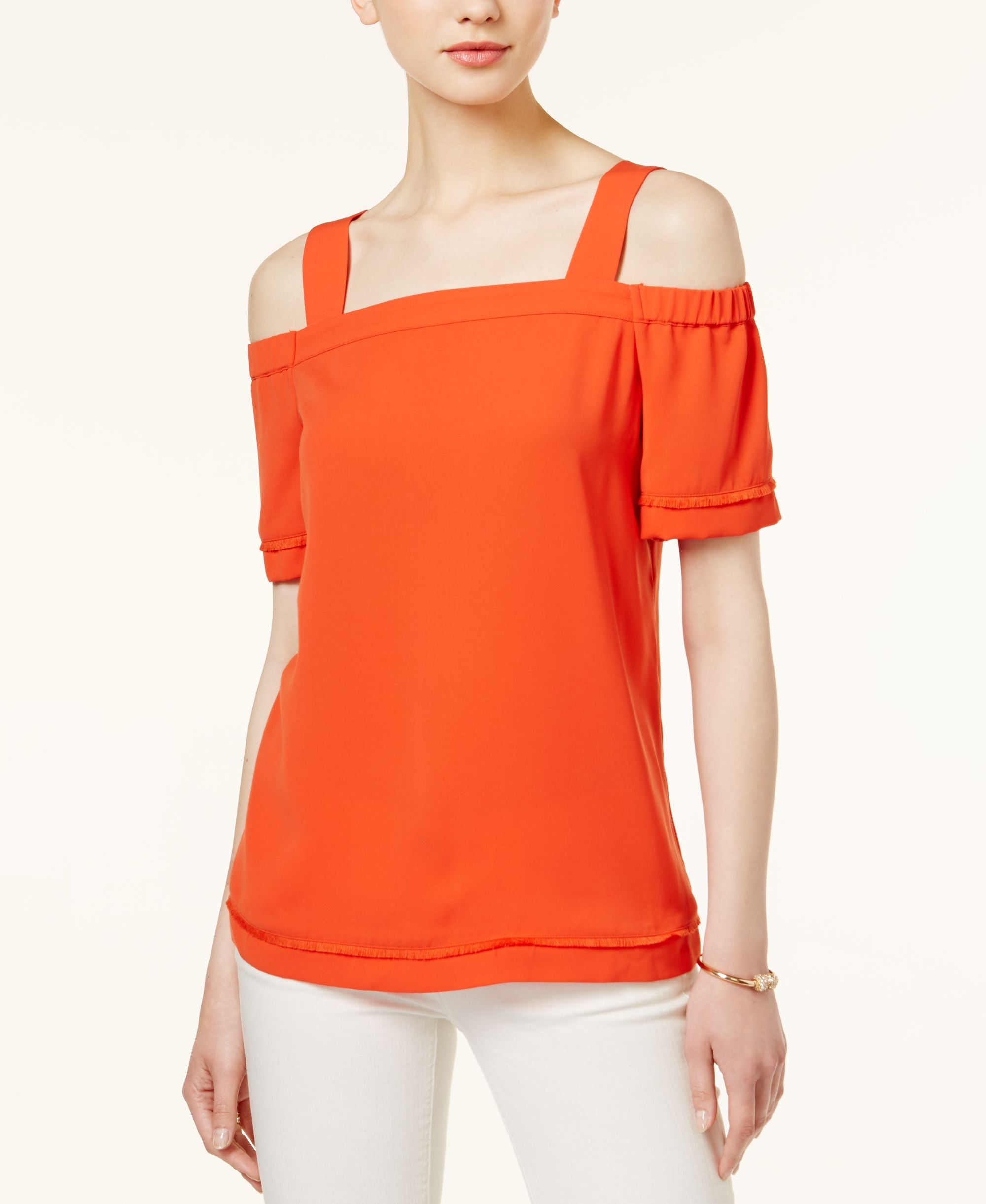 BAR III Fringe Trim Cold Shoulder Premium Top