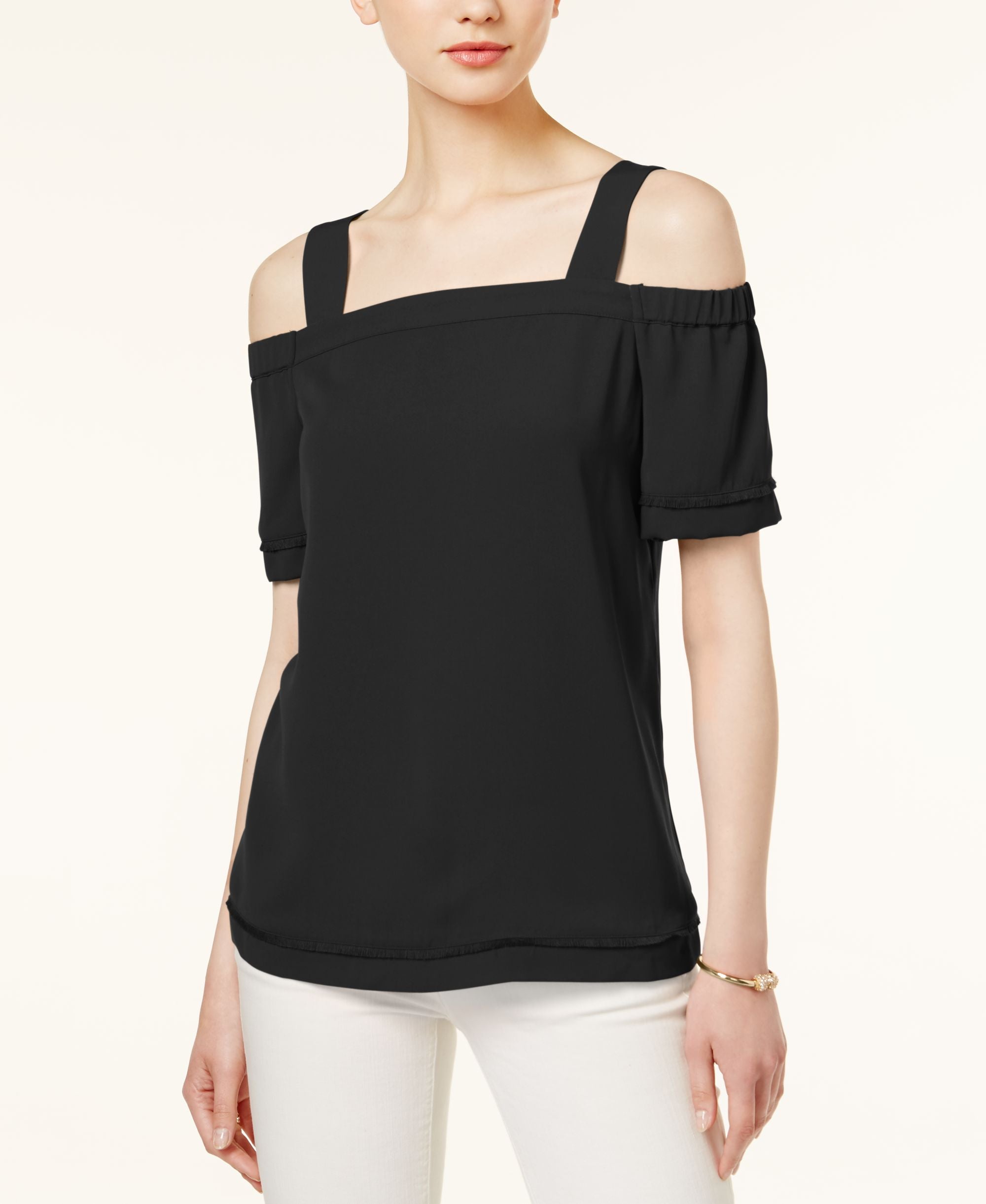 BAR III Fringe Trim Cold Shoulder Premium Top