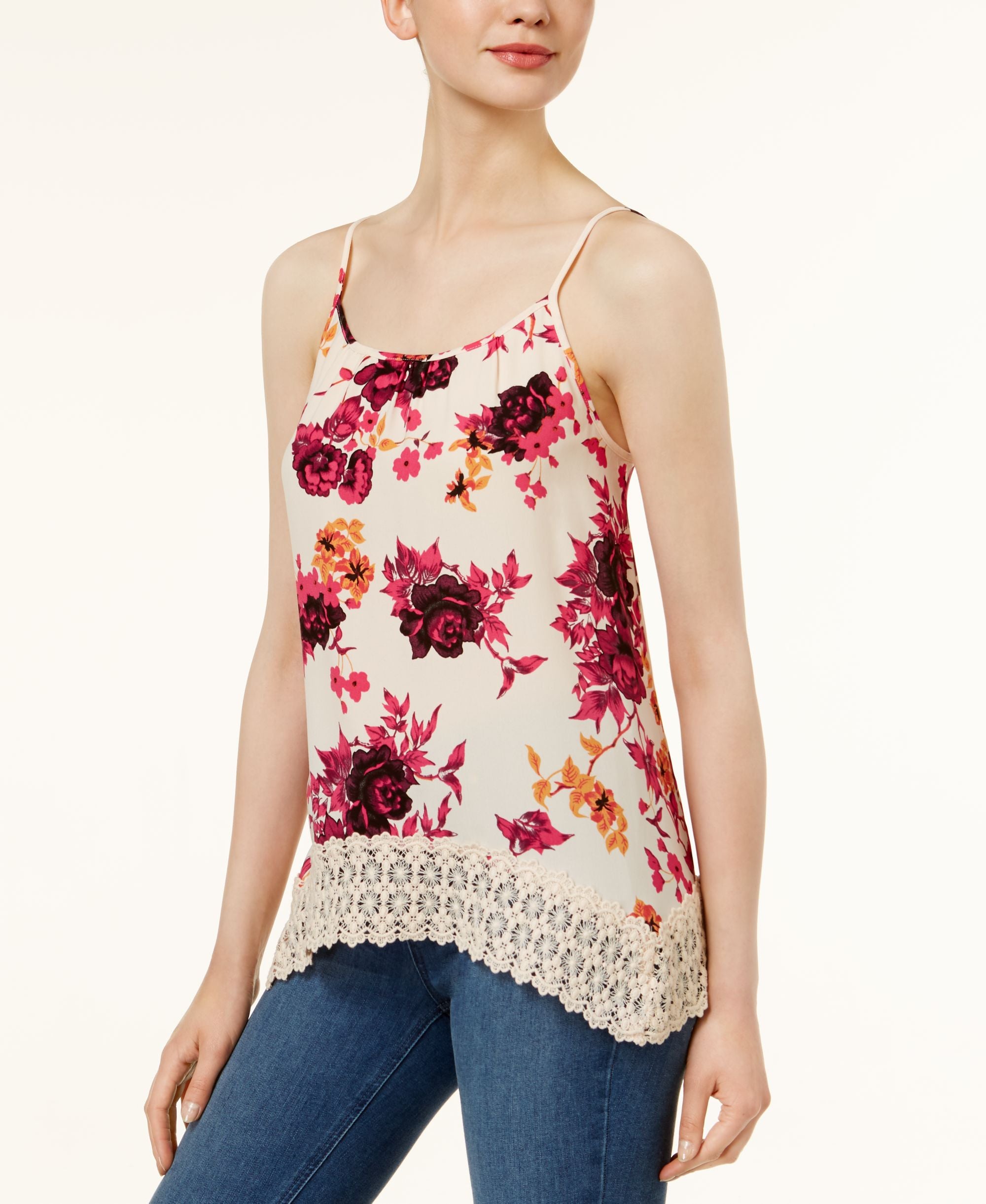 Kensie Floral Print Lace Hem Premium Top