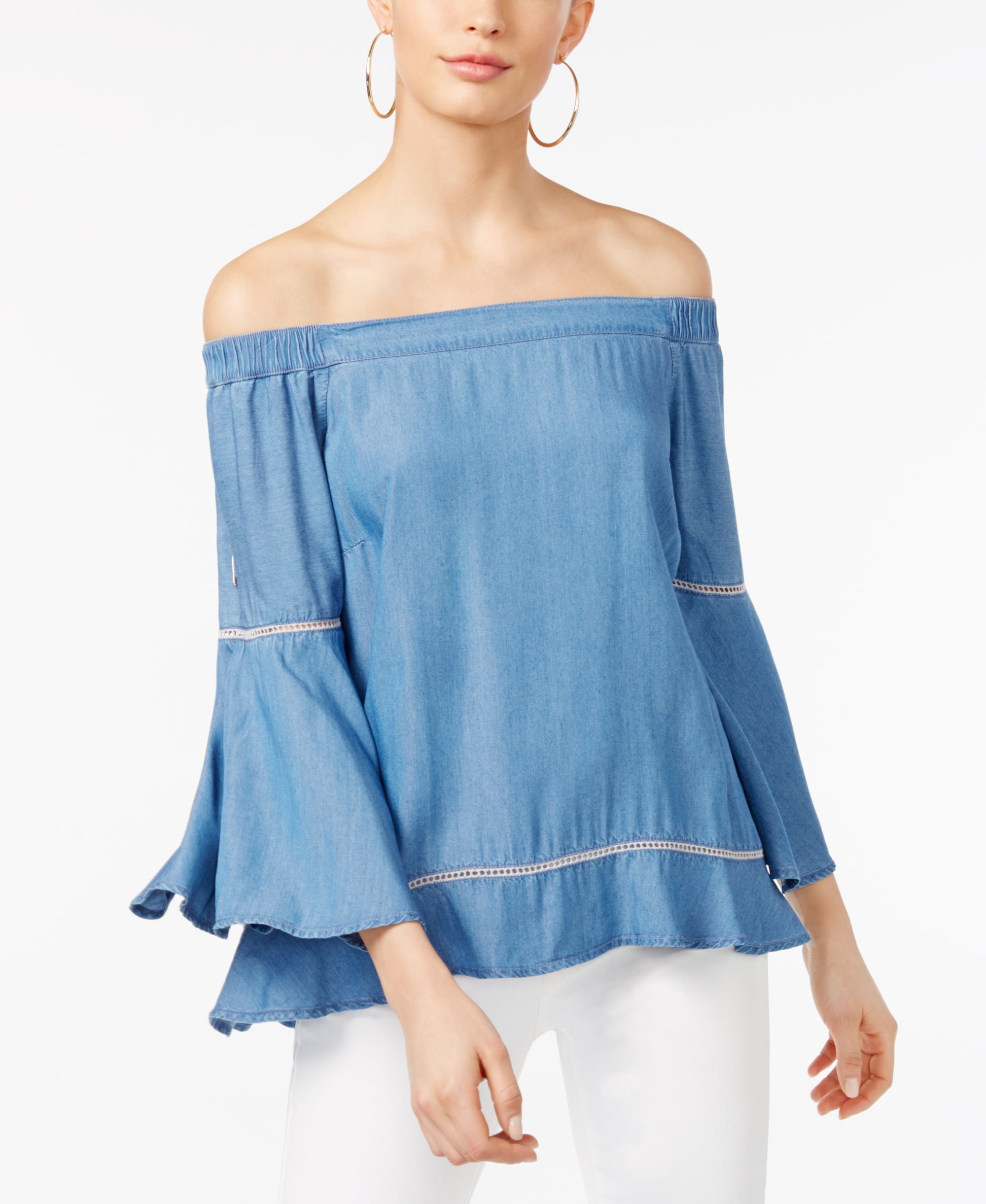 Petite Off The Shoulder Denim Premium Top