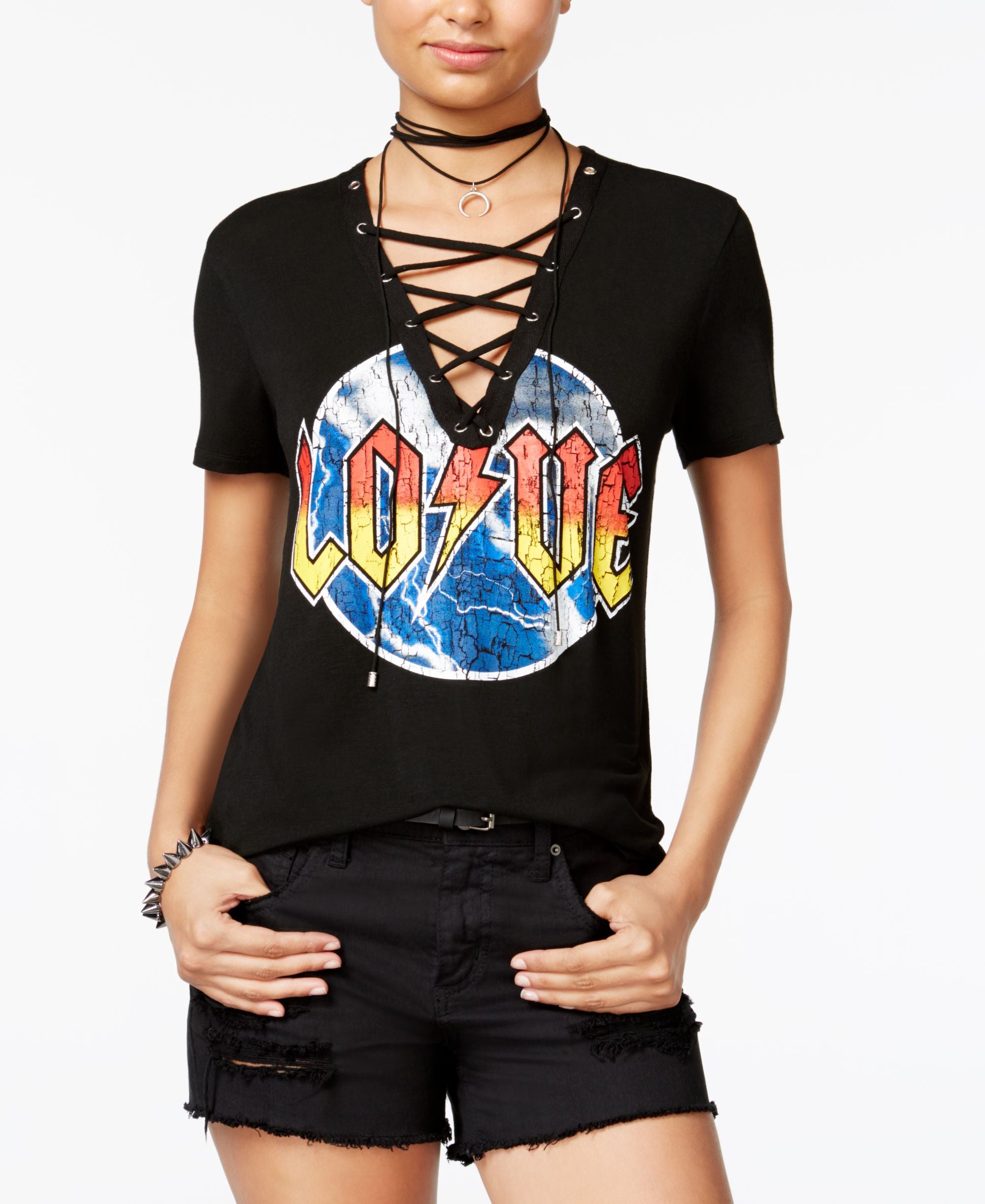 Rebellious One Juniors Love Lace Up Graphic T-Modern Shirt