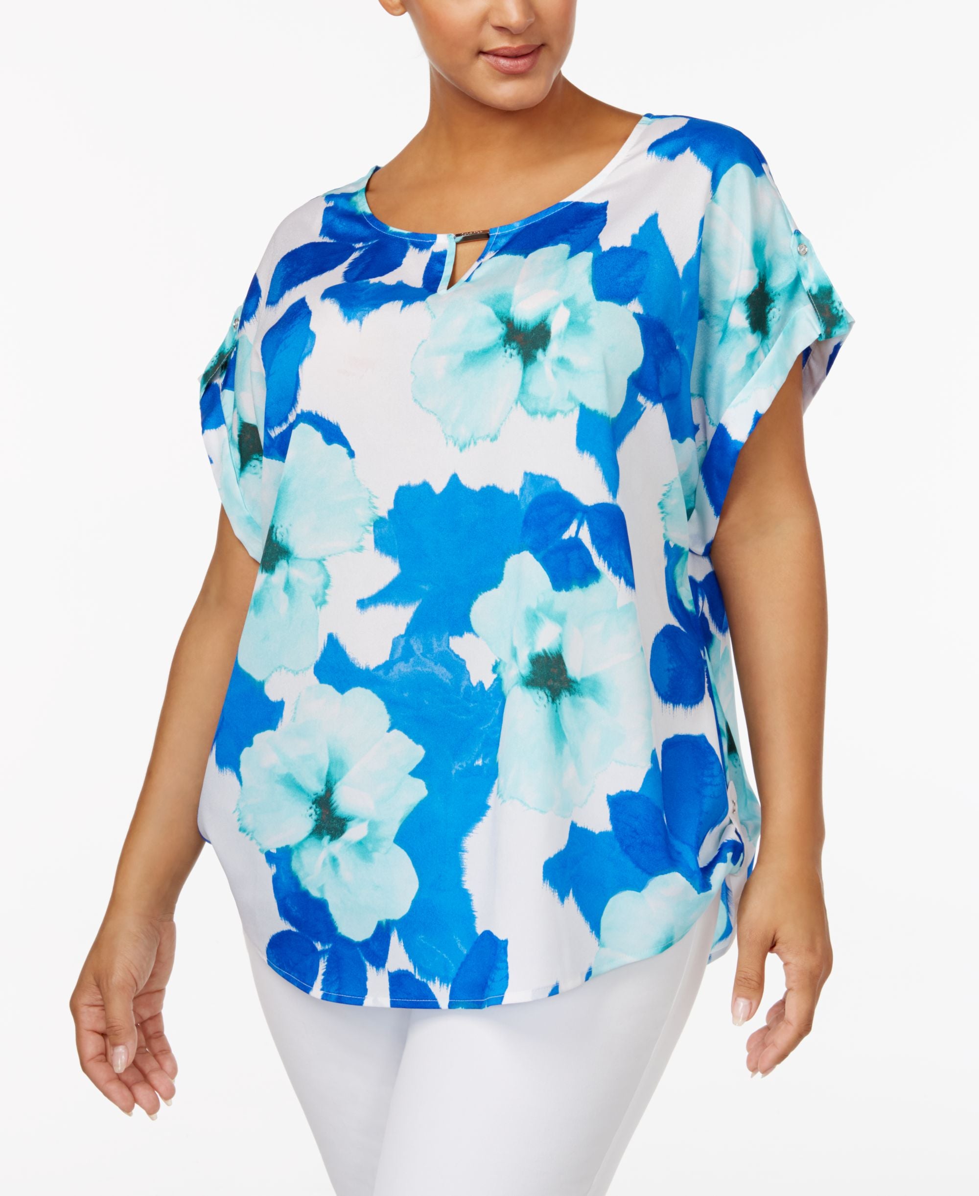 Calvin Klein Plus Size Floral Print Roll Tab Signature Blouse