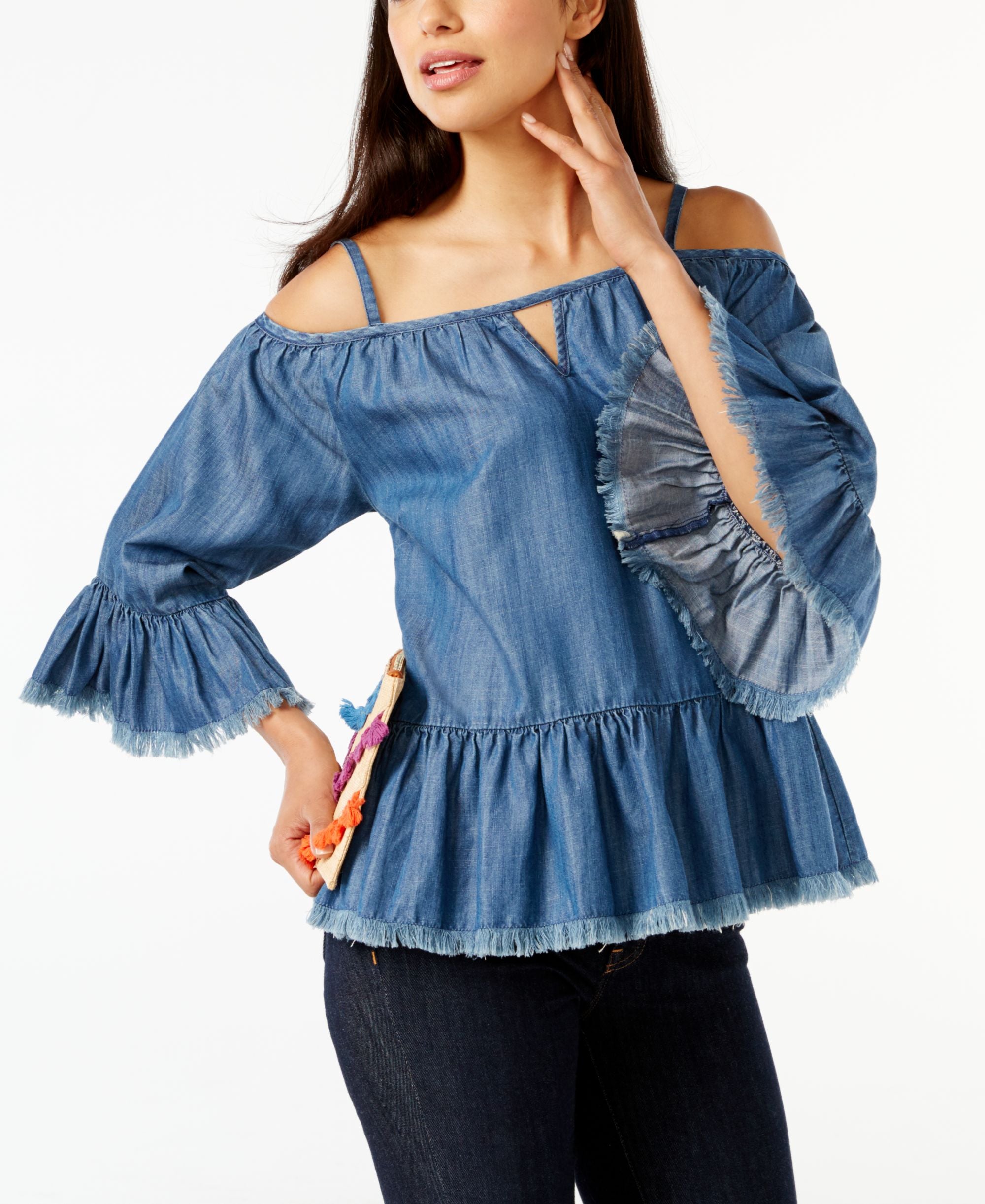 INC International Concepts Frayed Cold Shoulder Premium Top