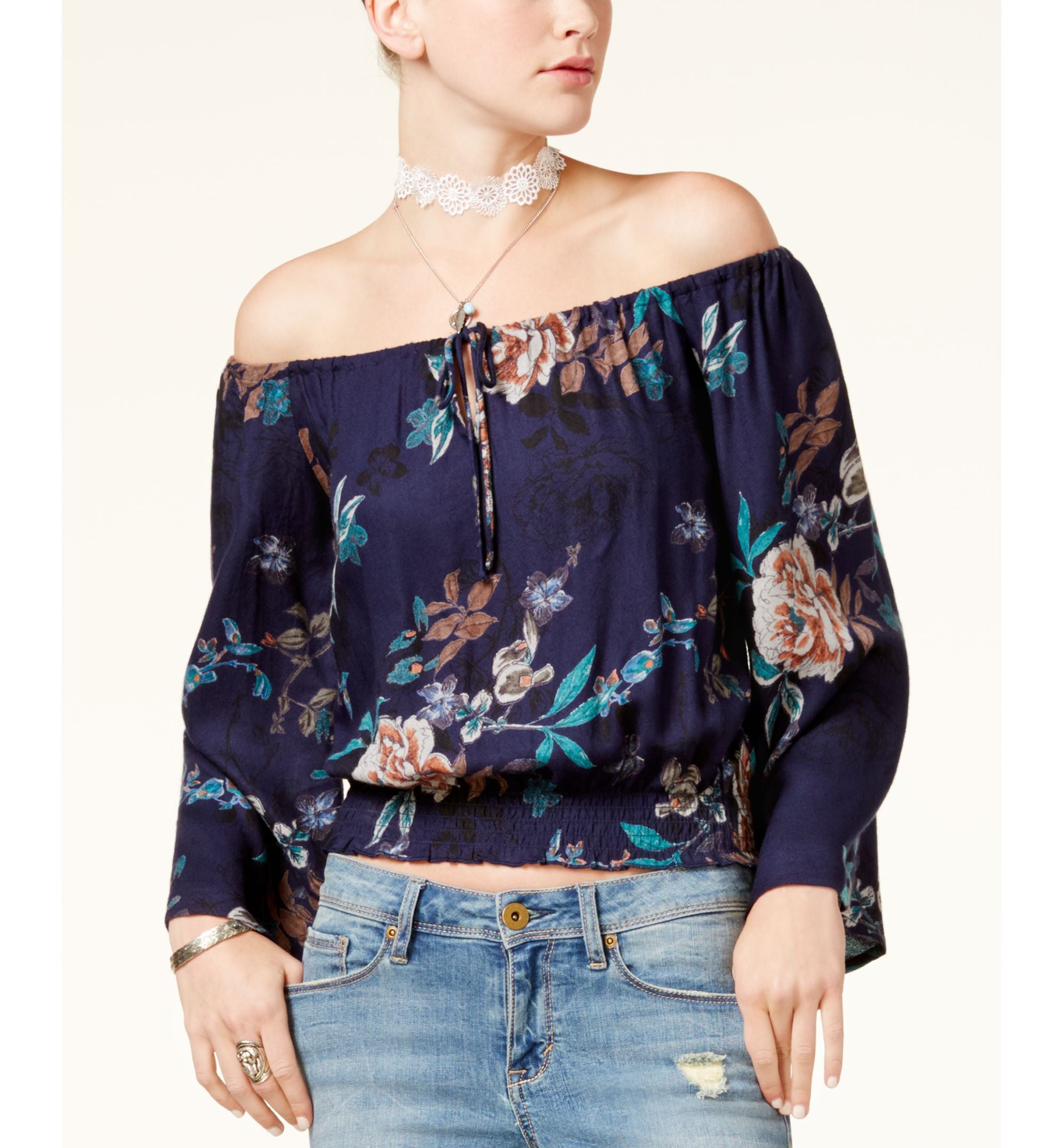 American Rag Juniors Printed Off The Shoulder Crop Premium Top