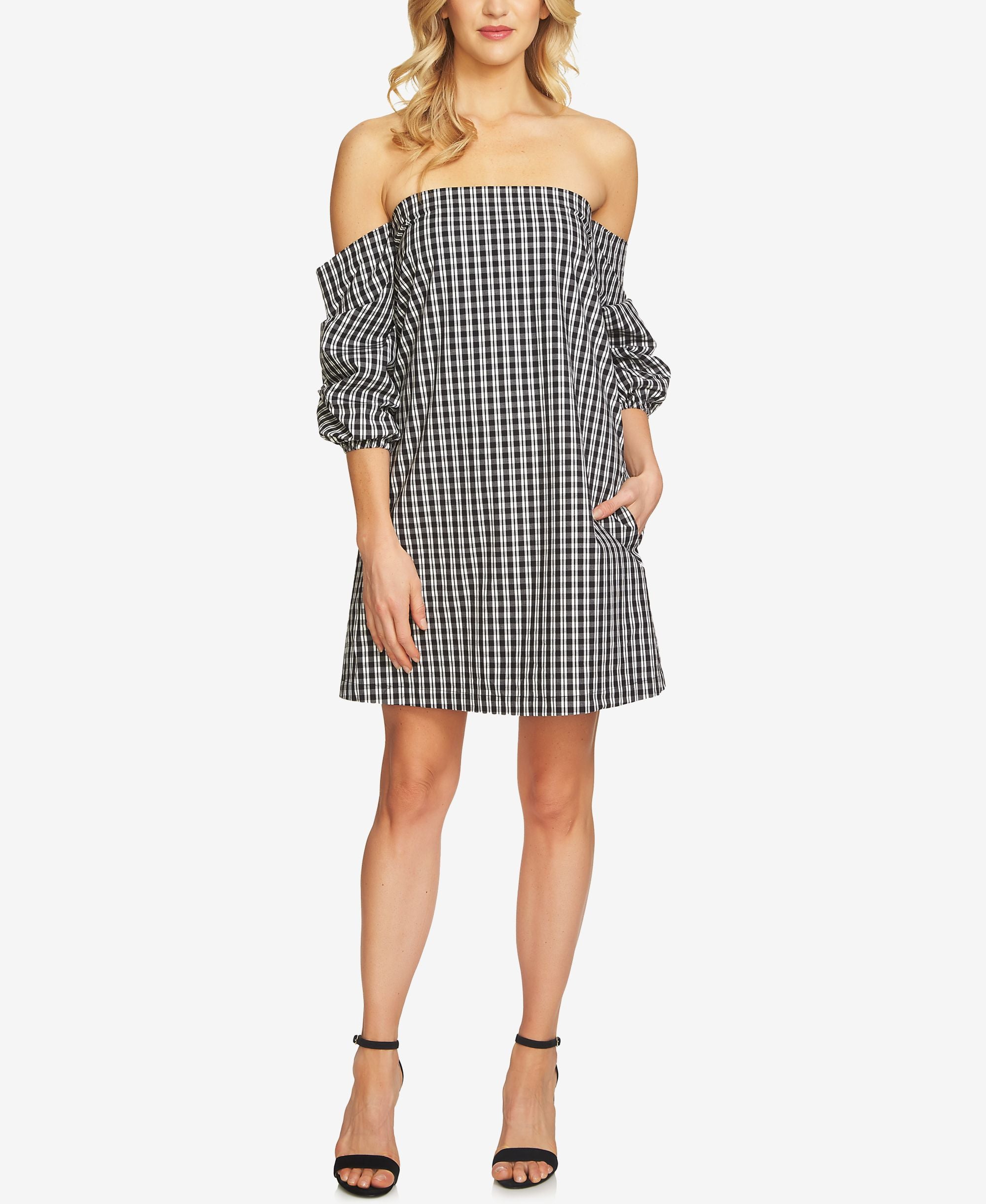 1.State Off The Shoulder Gingham Cascade Dress