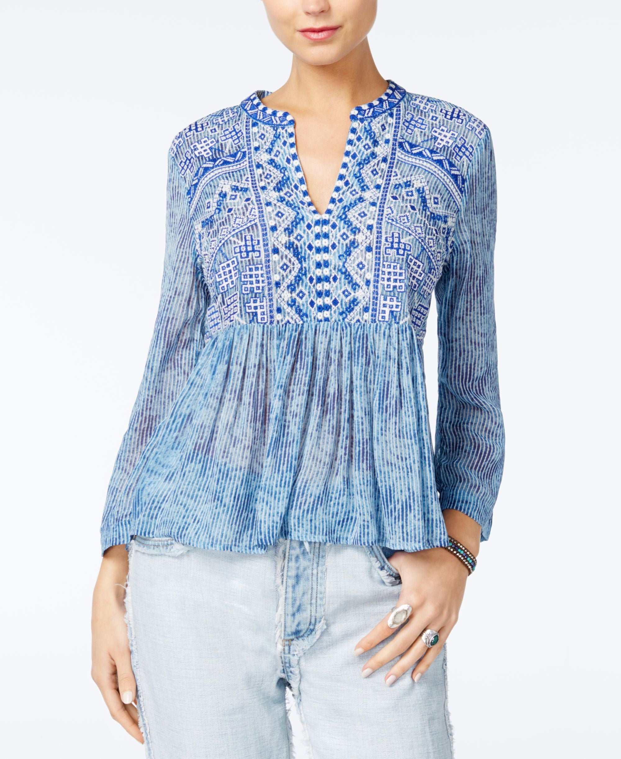 Lucky Brand Embroidered Split Neck Premium Top