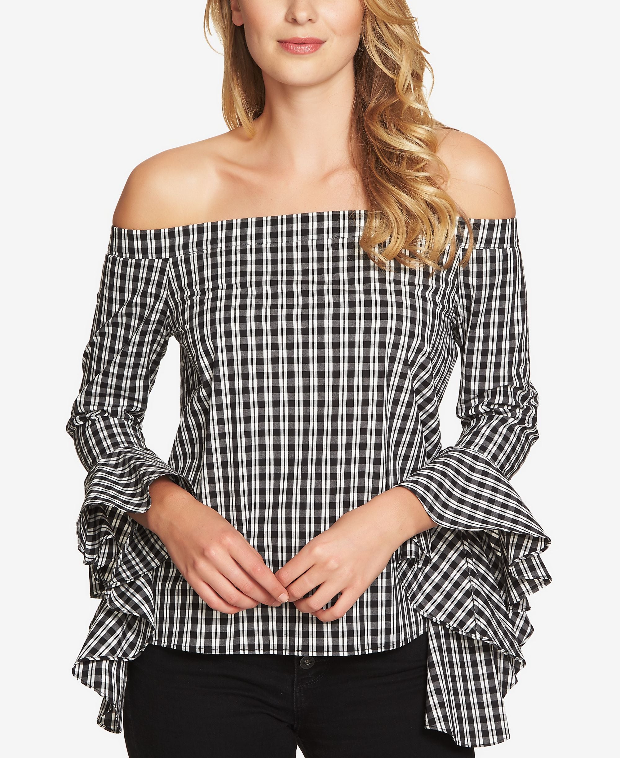 1.State Gingham Ruffled Off The Shoulder Premium Top