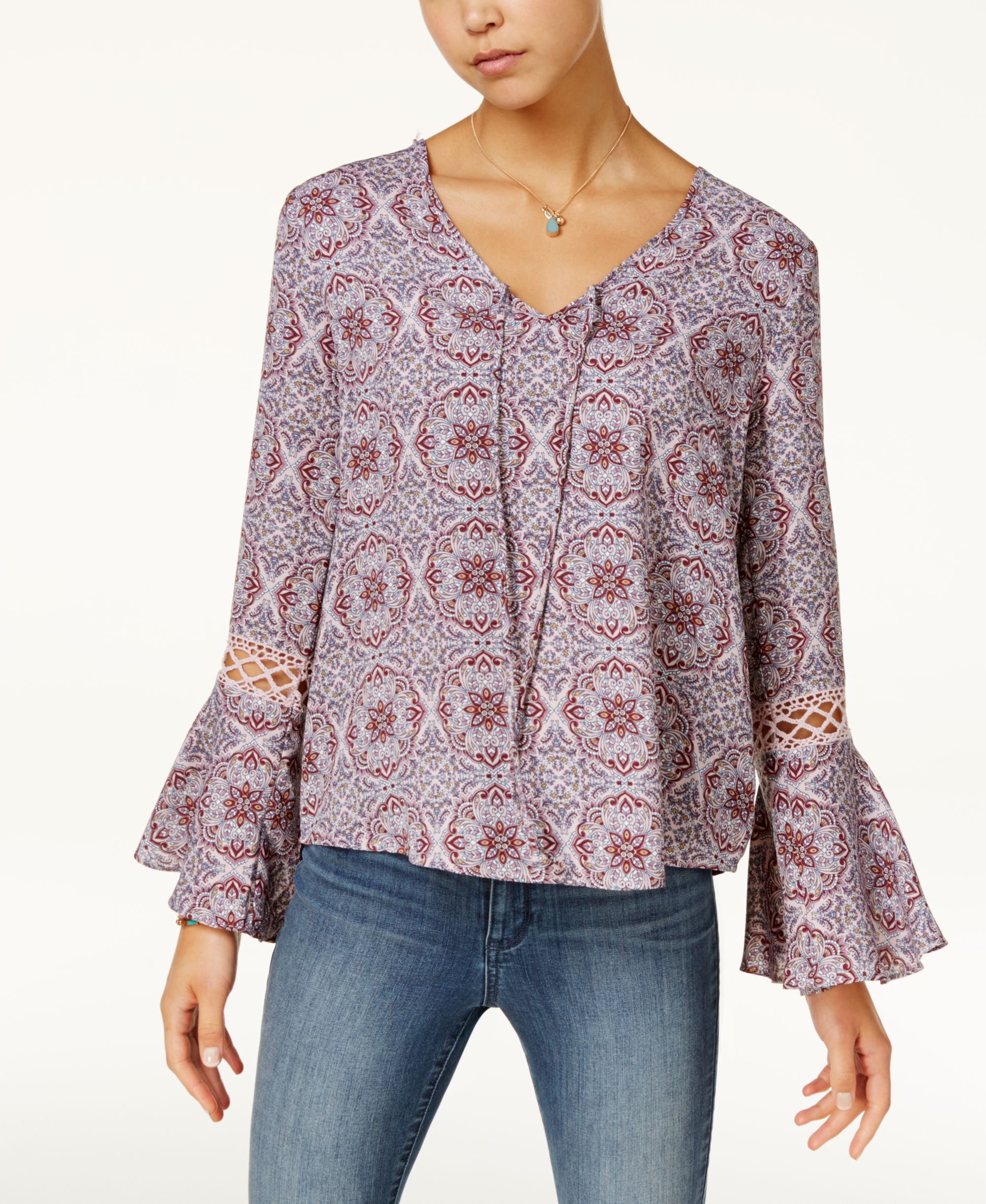 Hippie Rose Juniors Printed Crochet Bell Sleeve Premium Top