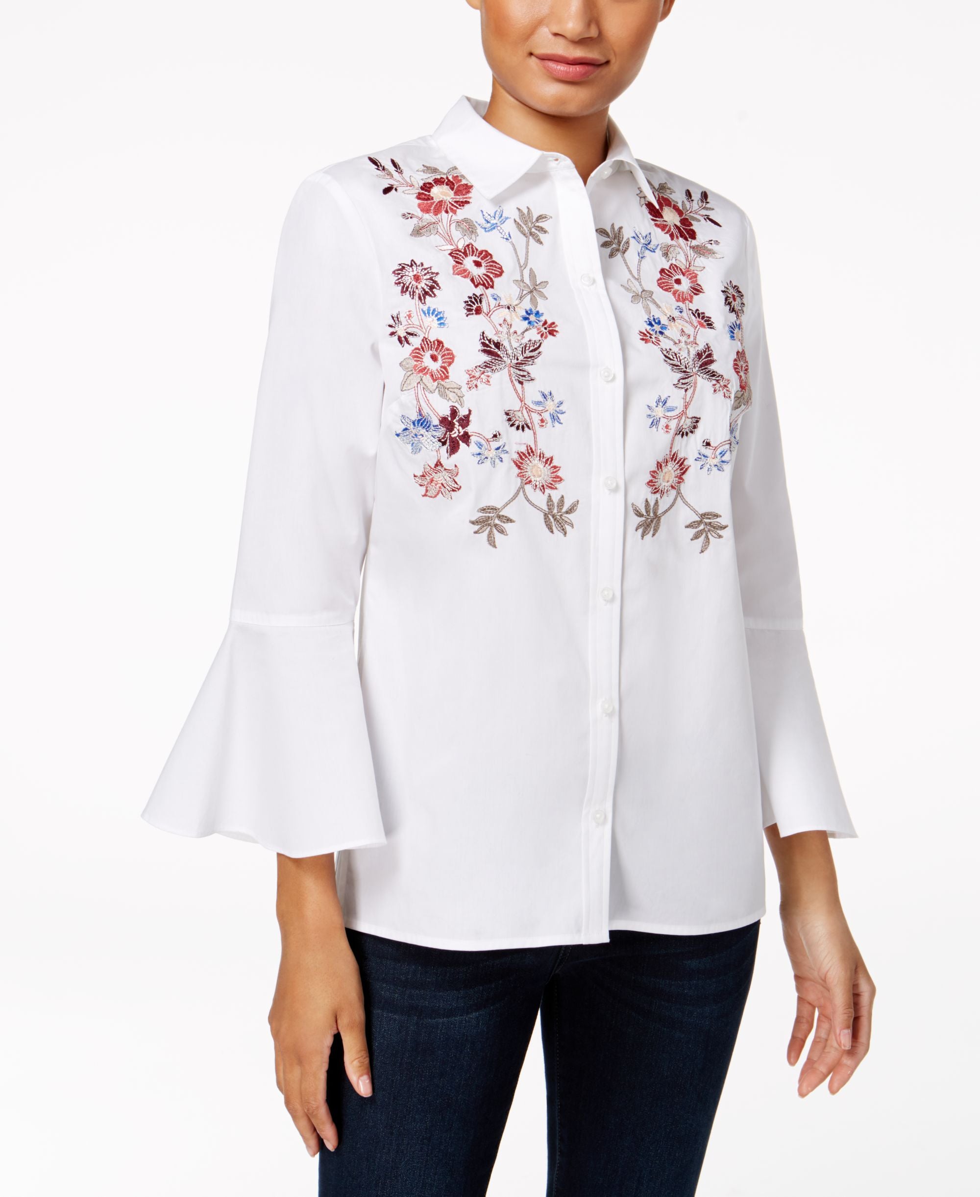 Charter Club Cotton Embroidered Bell Sleeve Modern Shirt