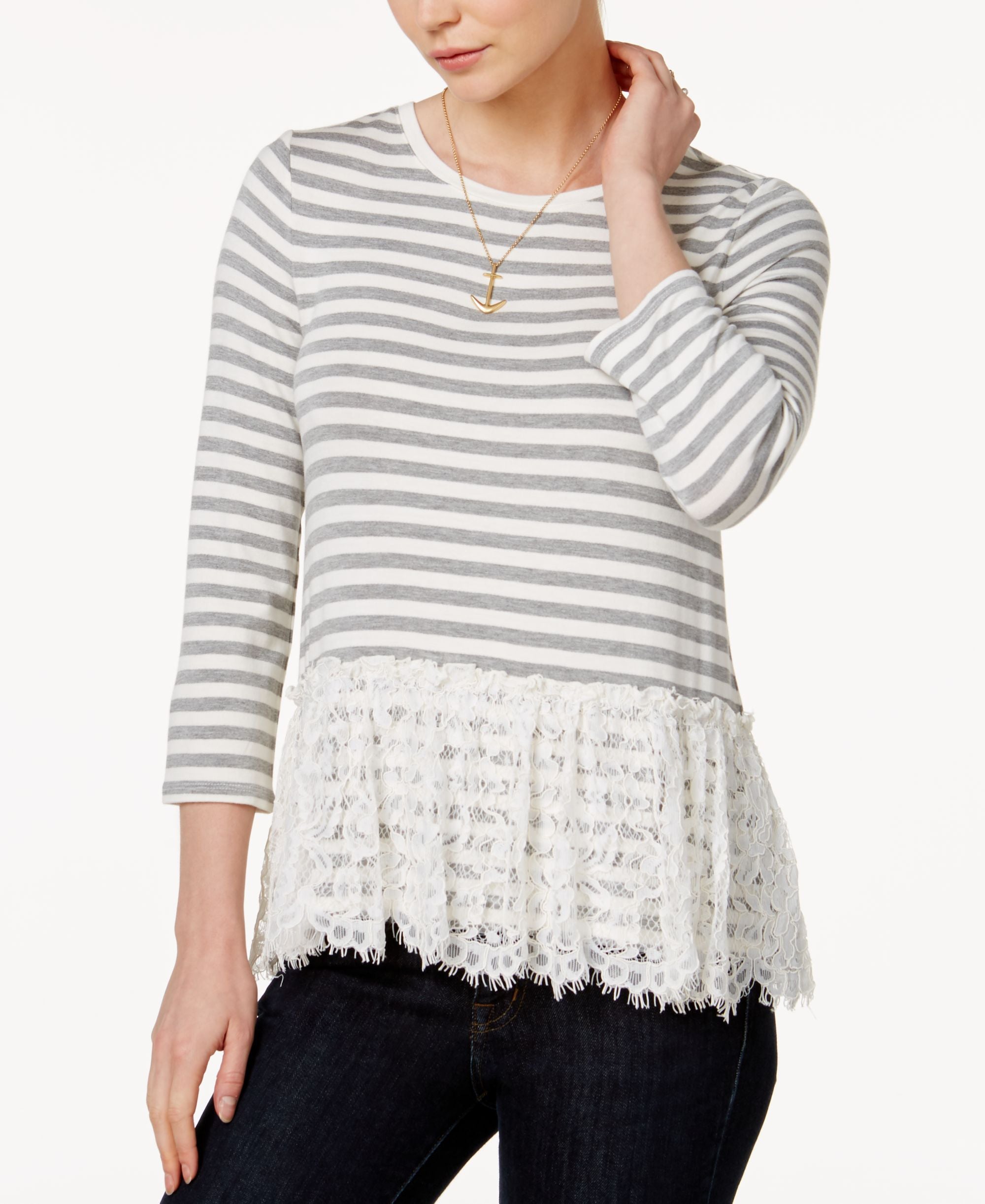 Maison Jules Striped Lace Peplum Premium Top