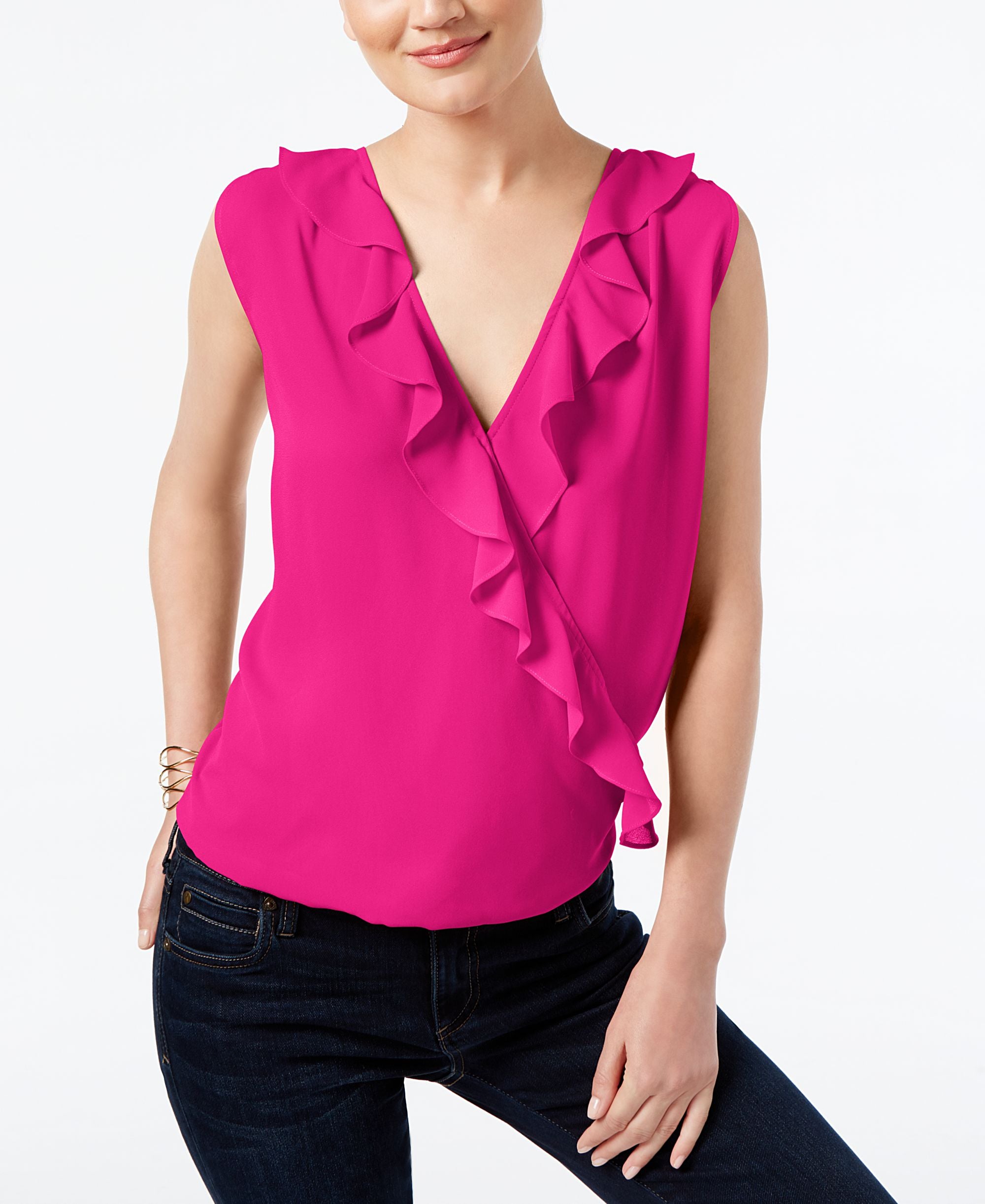 Womens Pink Sleeveless V Neck Faux Surplice Top