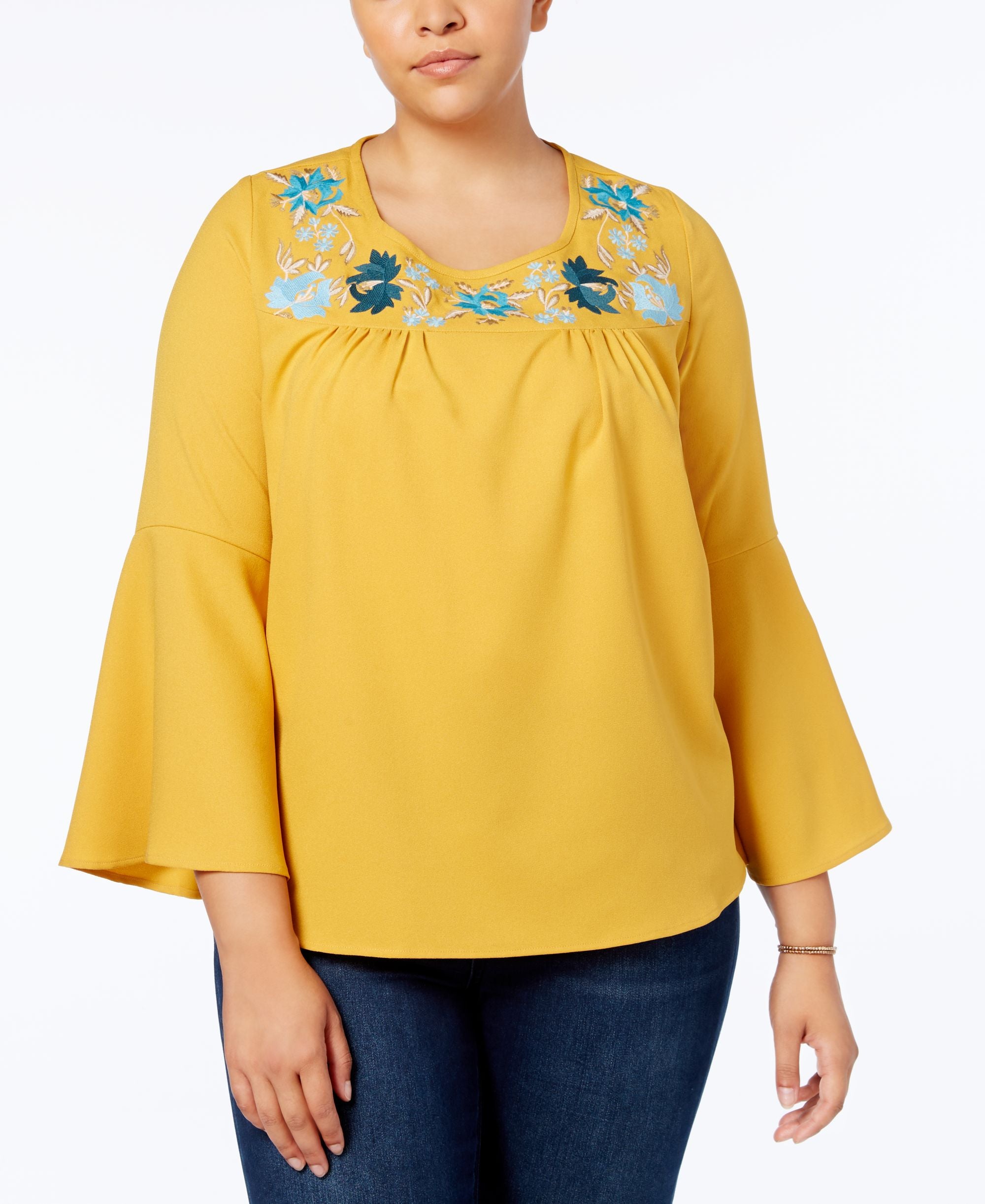 NY Collection Plus Size Embroidered Bell Sleeve Premium Top