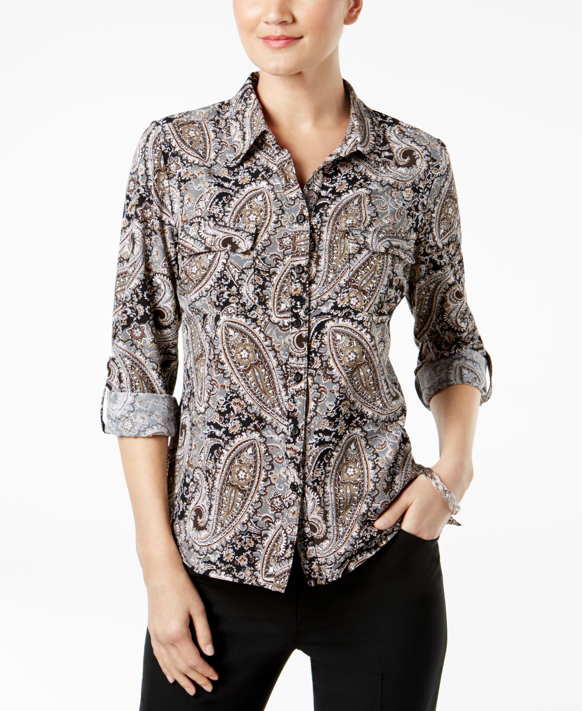 NY Collection Petite Printed Utility Modern Shirt
