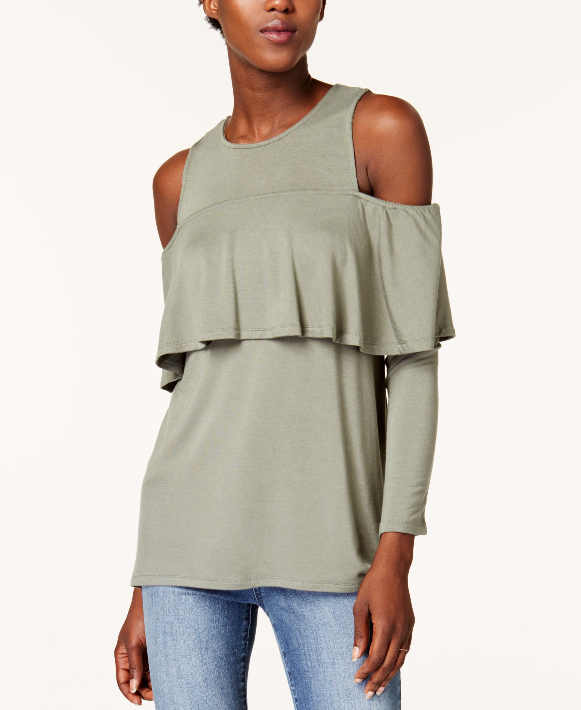 Kensie Cold Shoulder Ruffle Premium Top