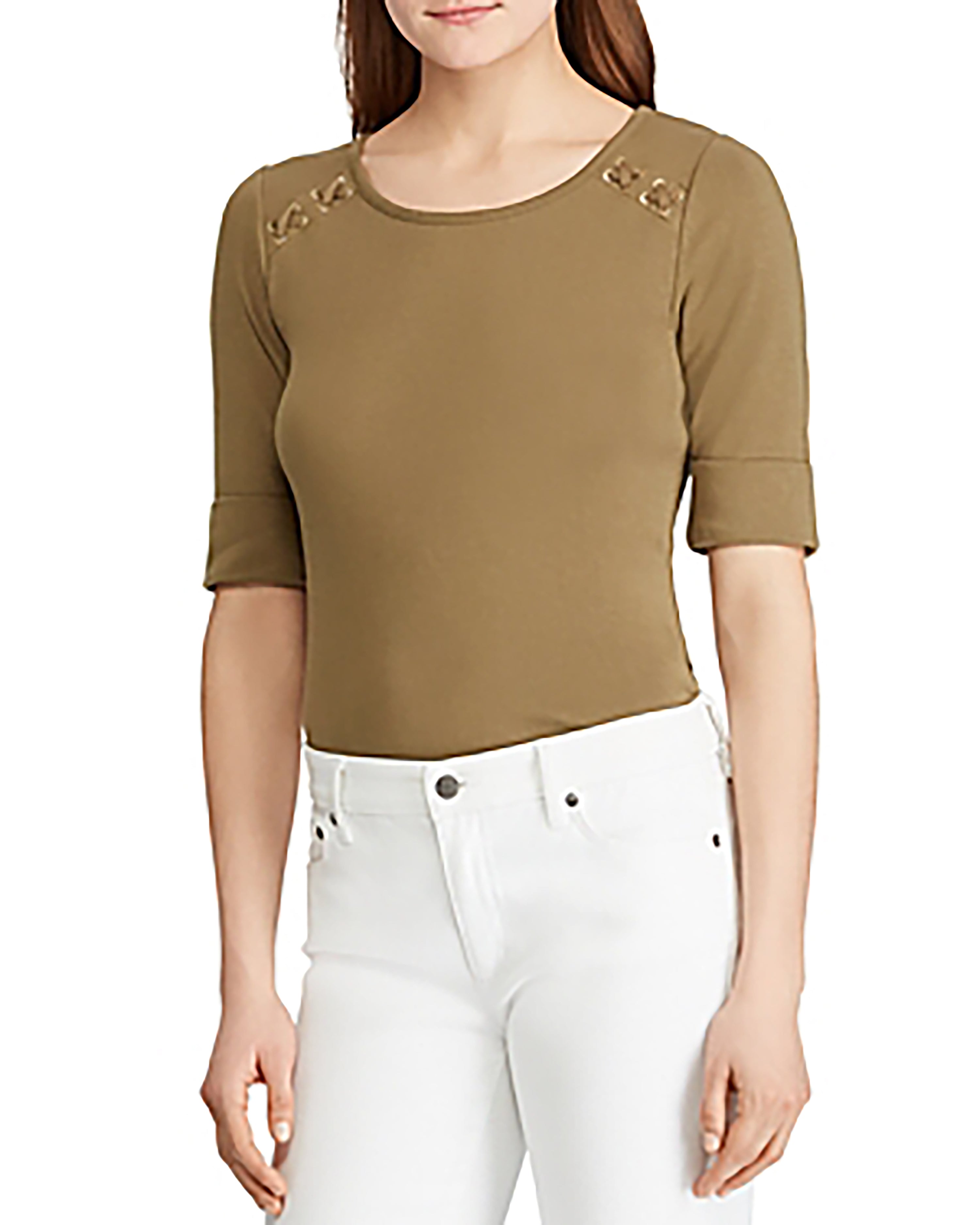 Ralph Lauren Womens  Cuffed Jewel Neck Premium Top Olive XL