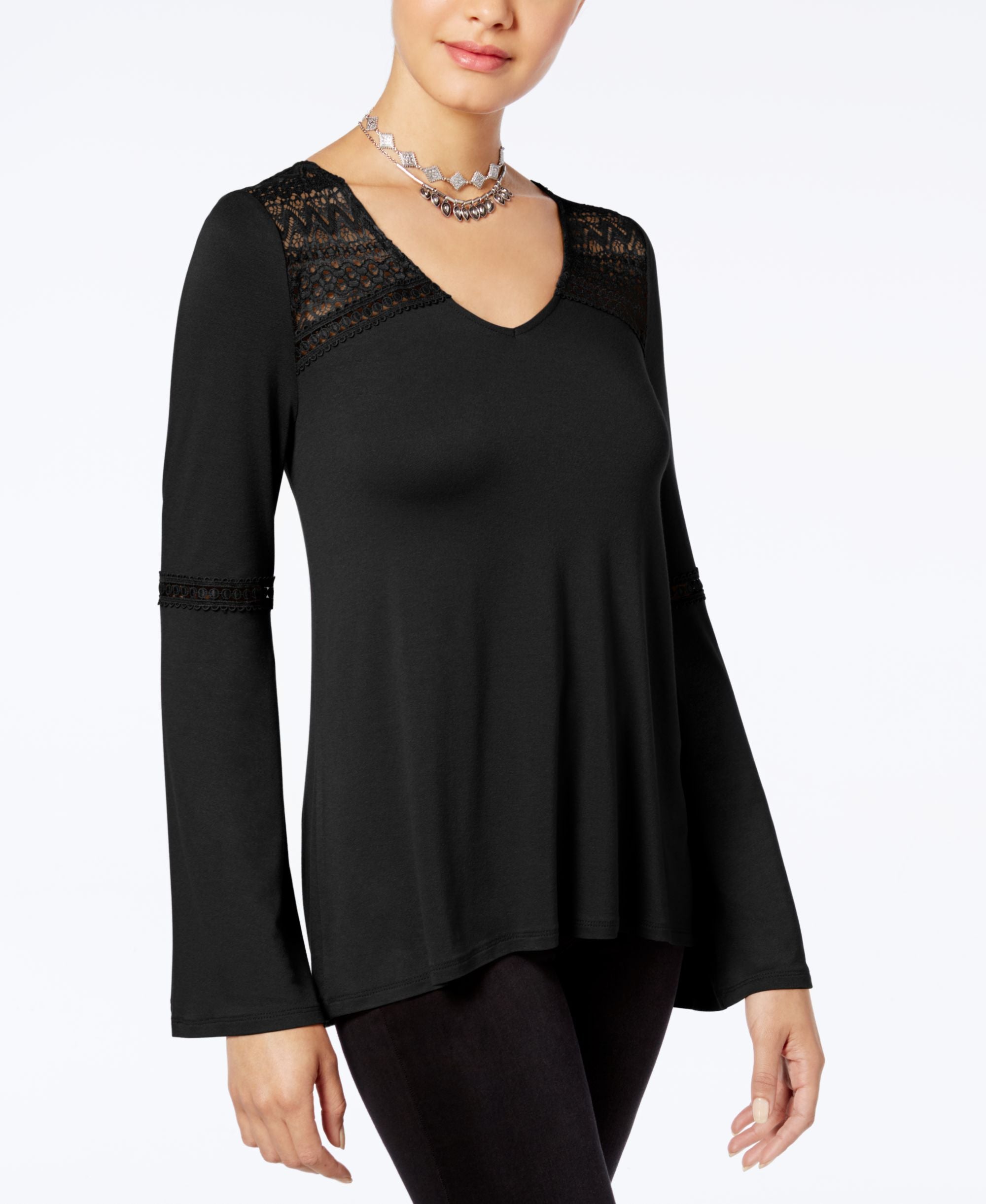Hippie Rose Juniors Lace Trim Bell Sleeve Premium Top