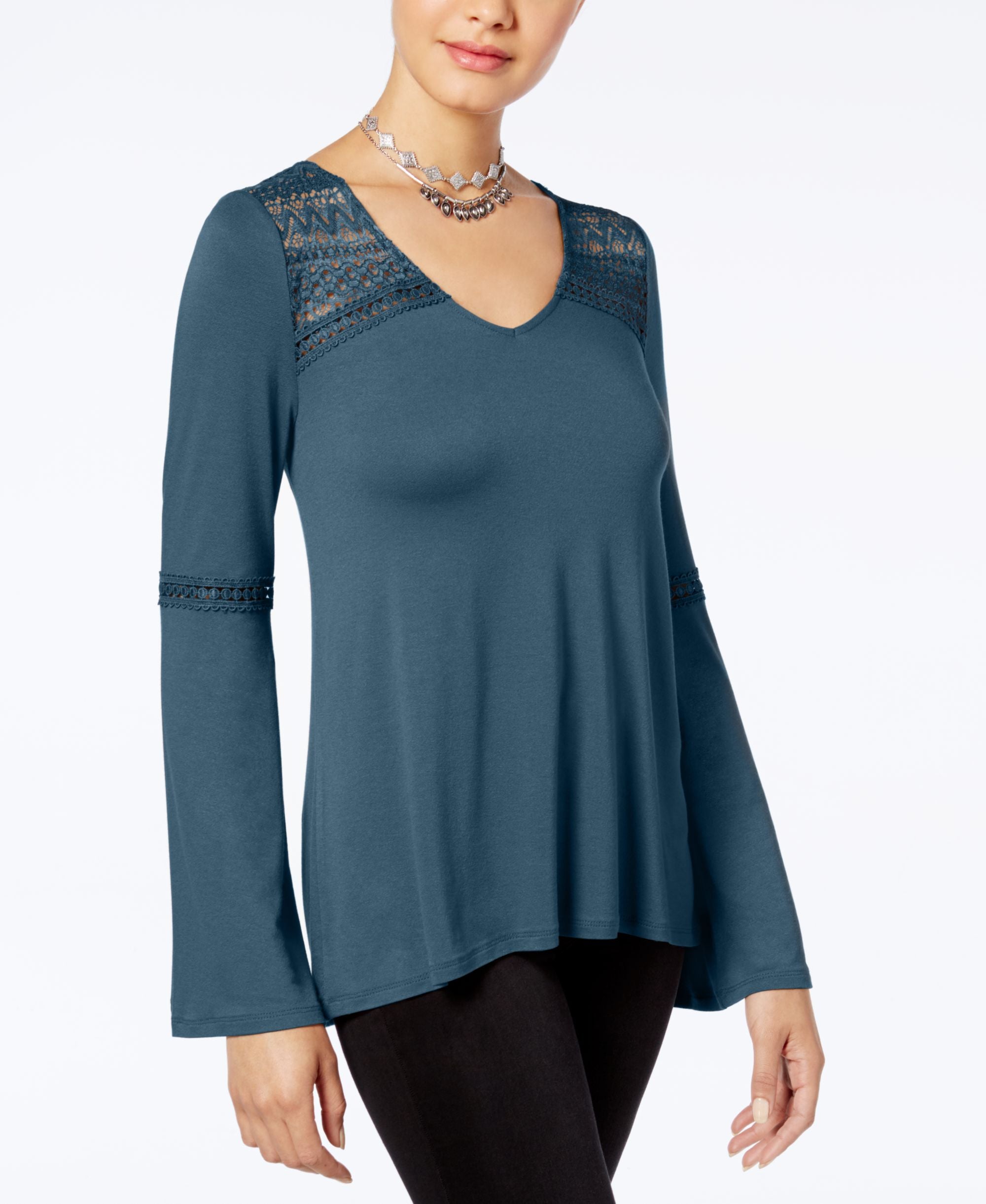 Hippie Rose Juniors Lace Trim Bell Sleeve Premium Top