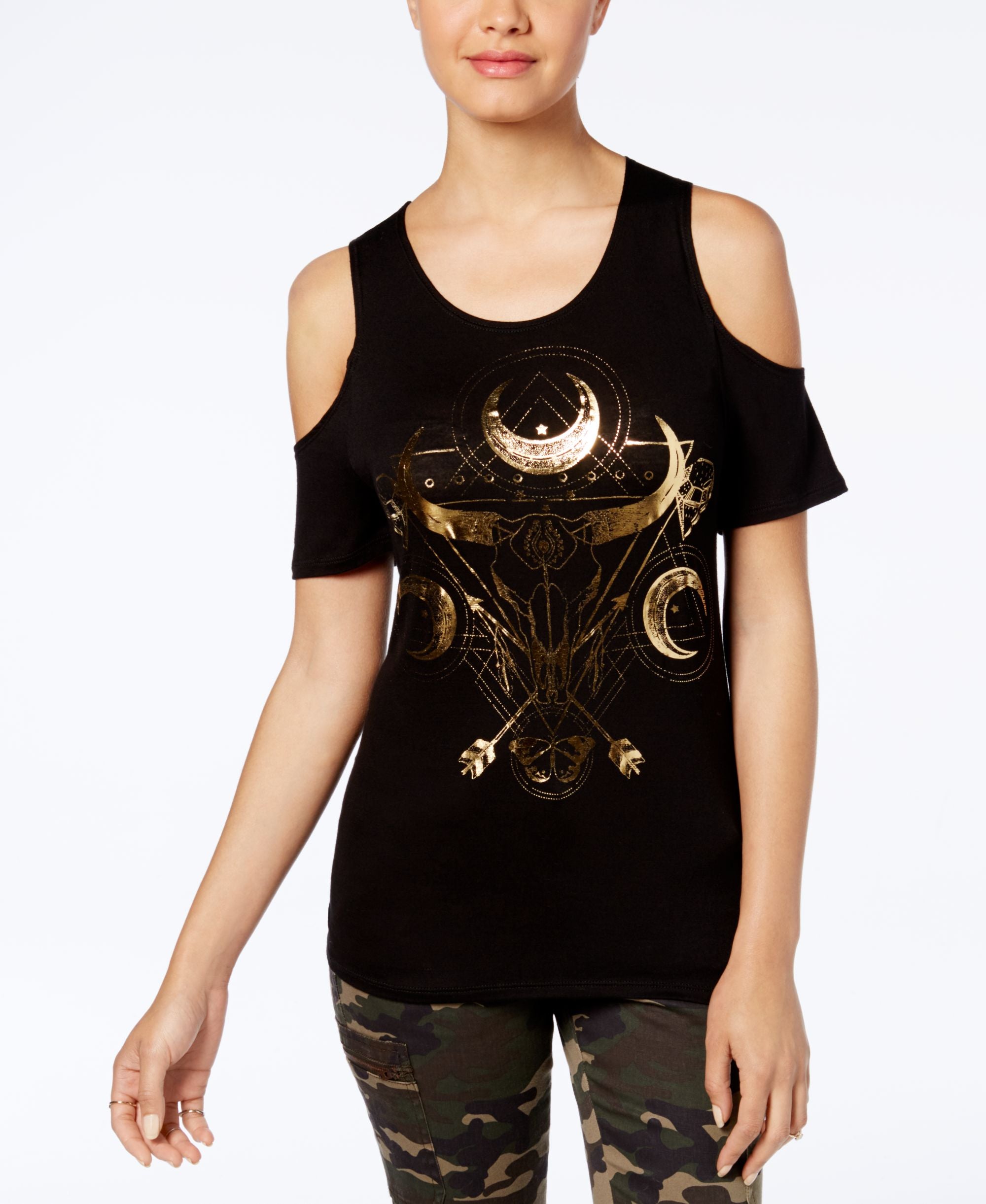 Juniors' Moon Graphic Cold-Shoulder T-Modern Shirt