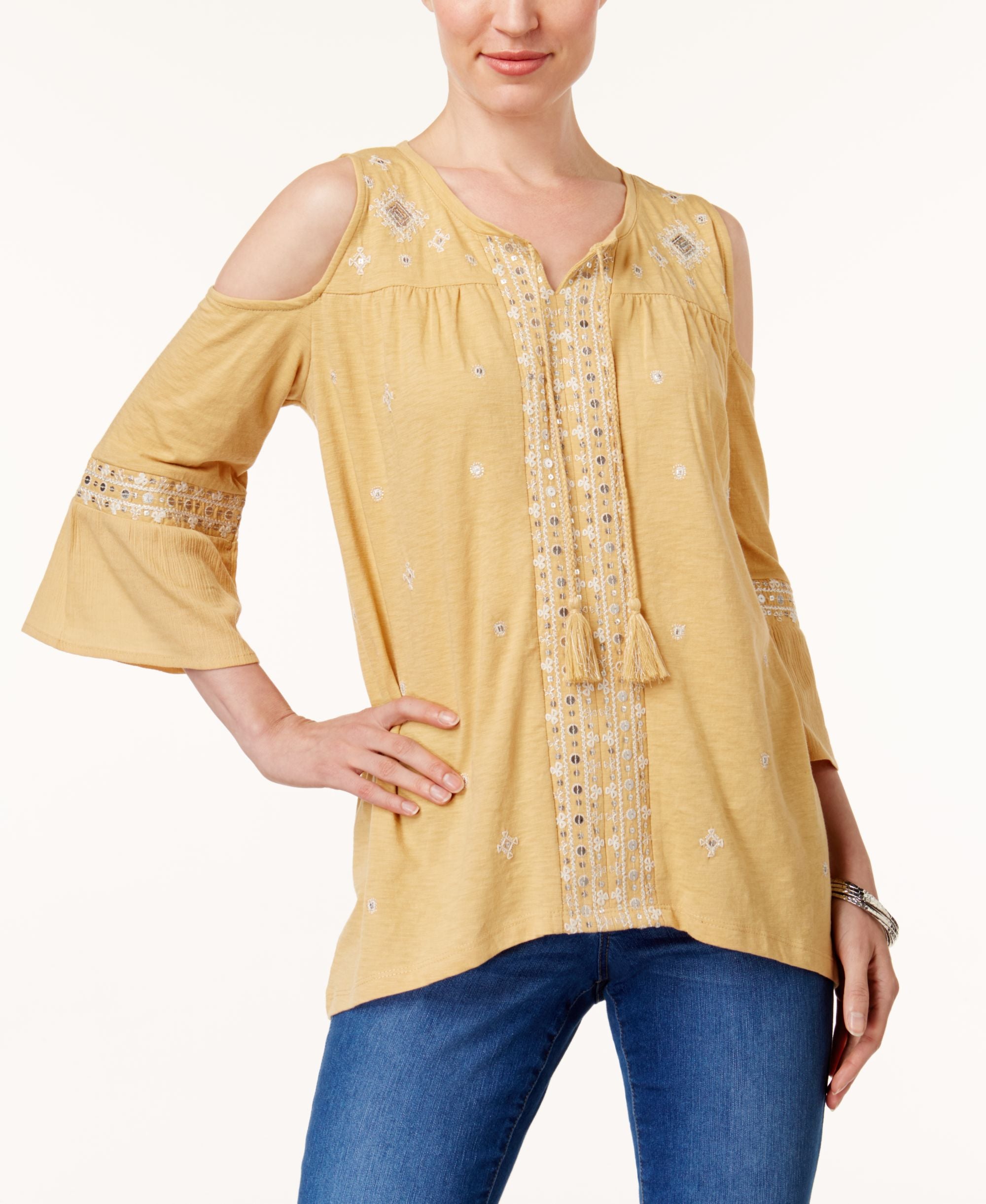 Style & Co Embroidered Cold Shoulder Premium Top