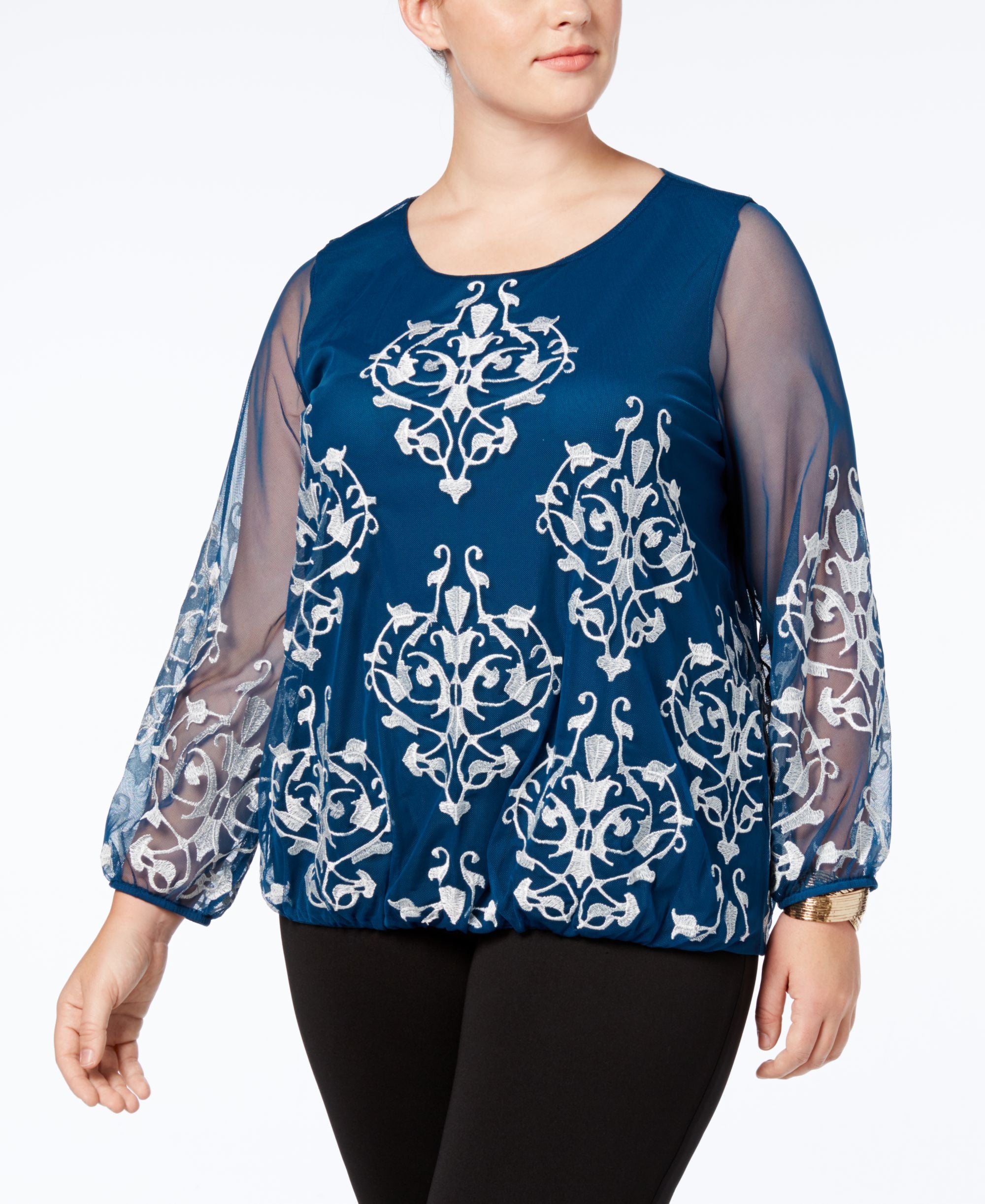 Alfani Plus Size Embroidered Mesh Sleeve Signature Blouse