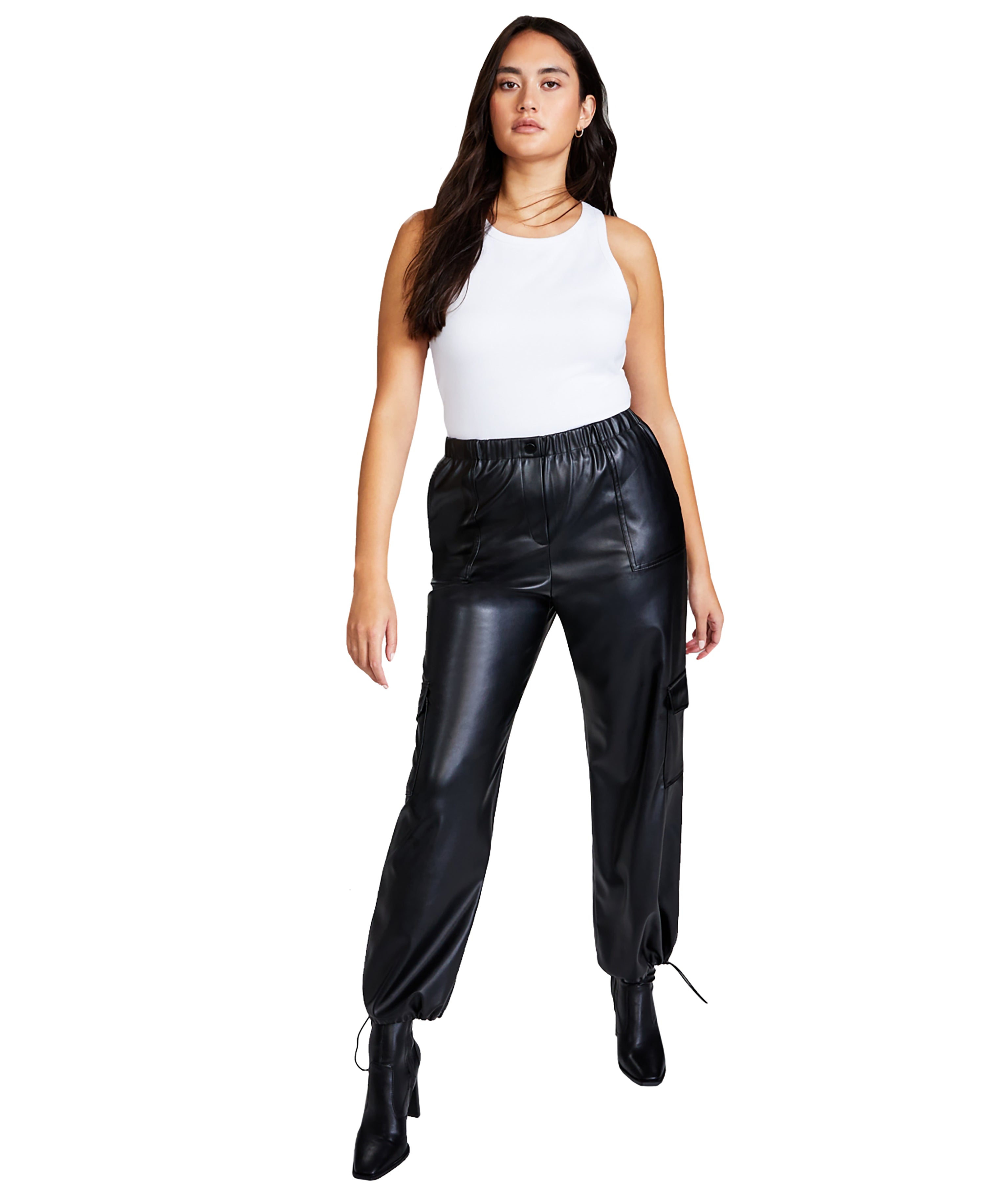 Women's High Rise Faux-Leather Finish Cargo Signature Pants