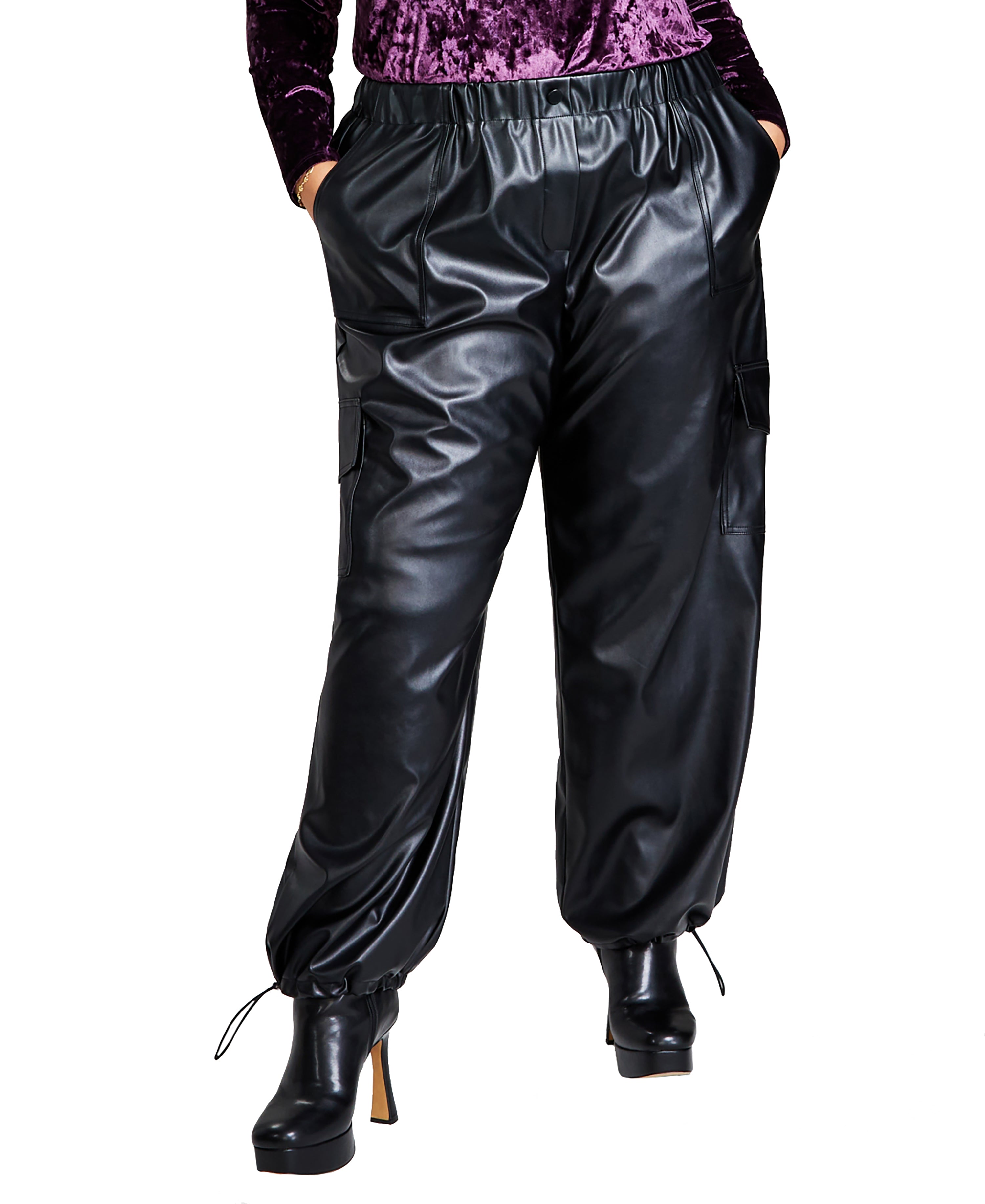 Modern Plus Size Faux-Leather Wide-Leg Cargo Signature Pants