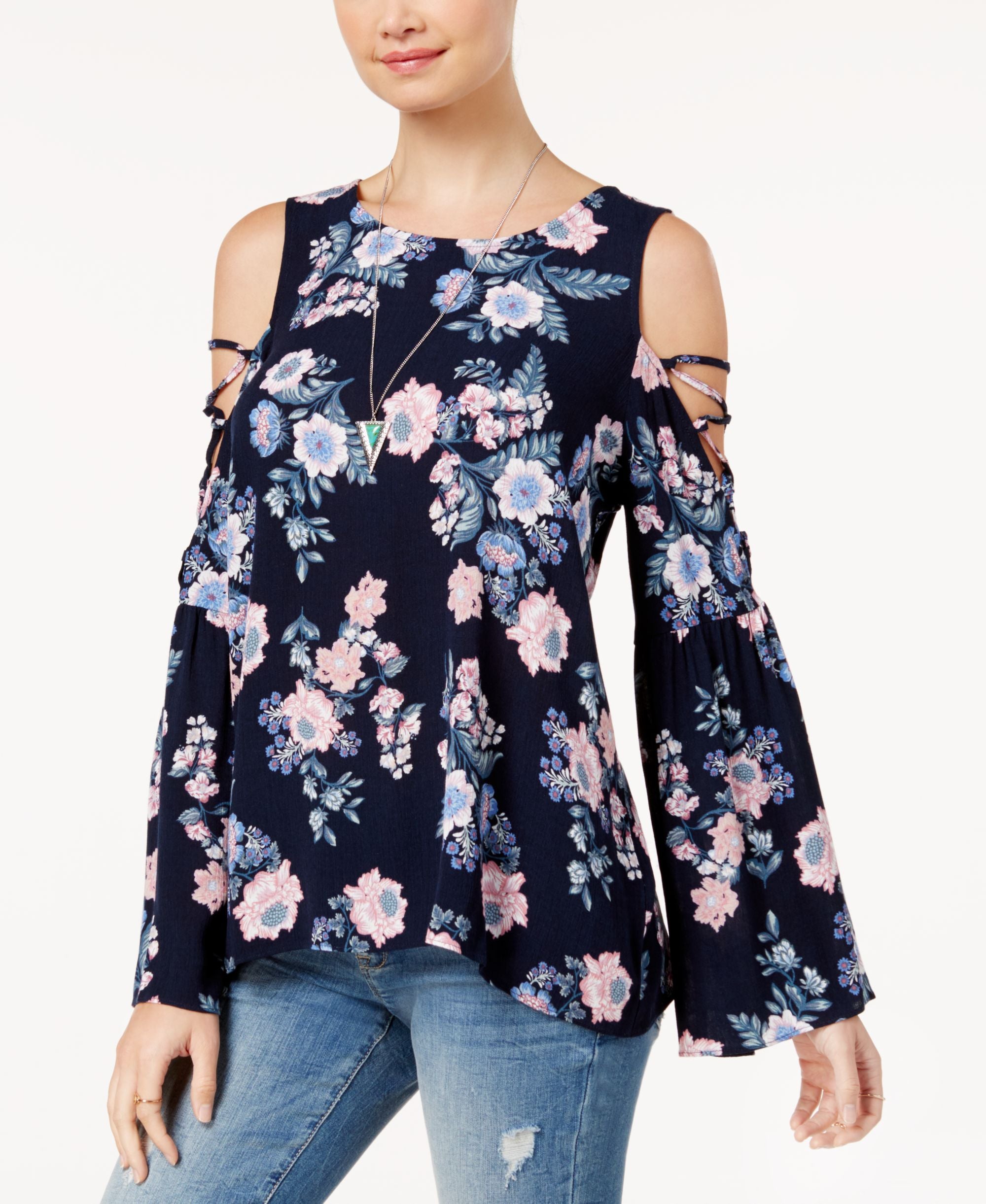 Hippie Rose Juniors Printed Bell Sleeve Cold Shoulder Premium Top