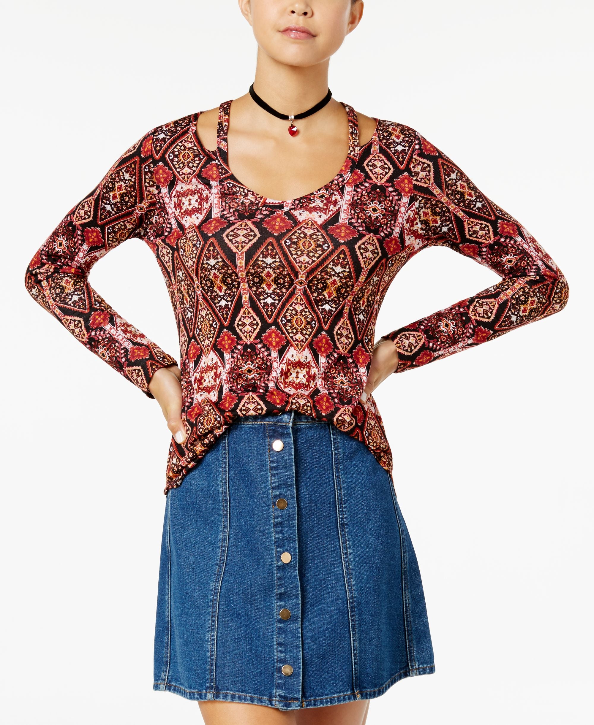 Juniors' Printed Cutout-Neck Premium Top