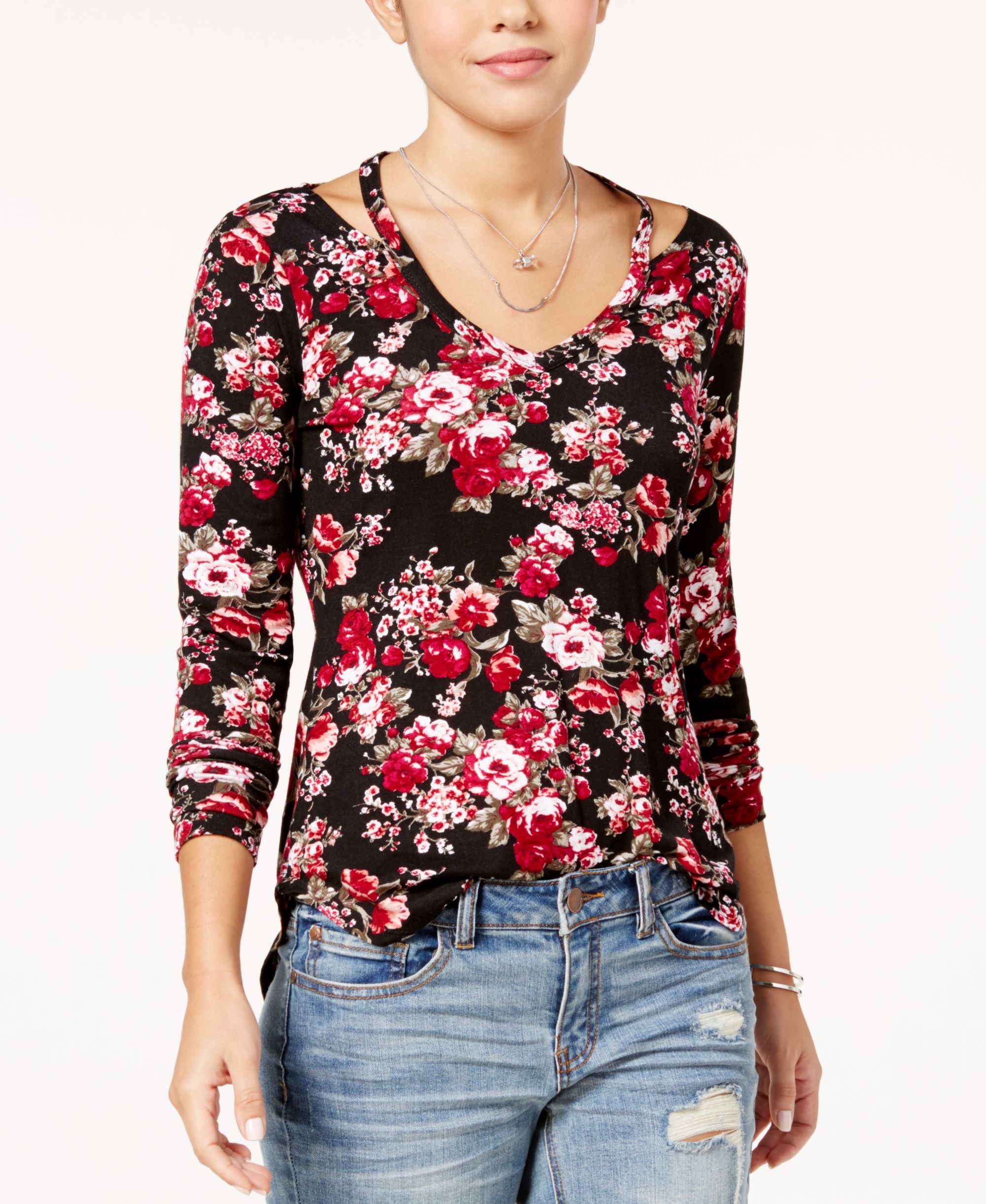 Juniors' Printed Cutout-Neck Premium Top