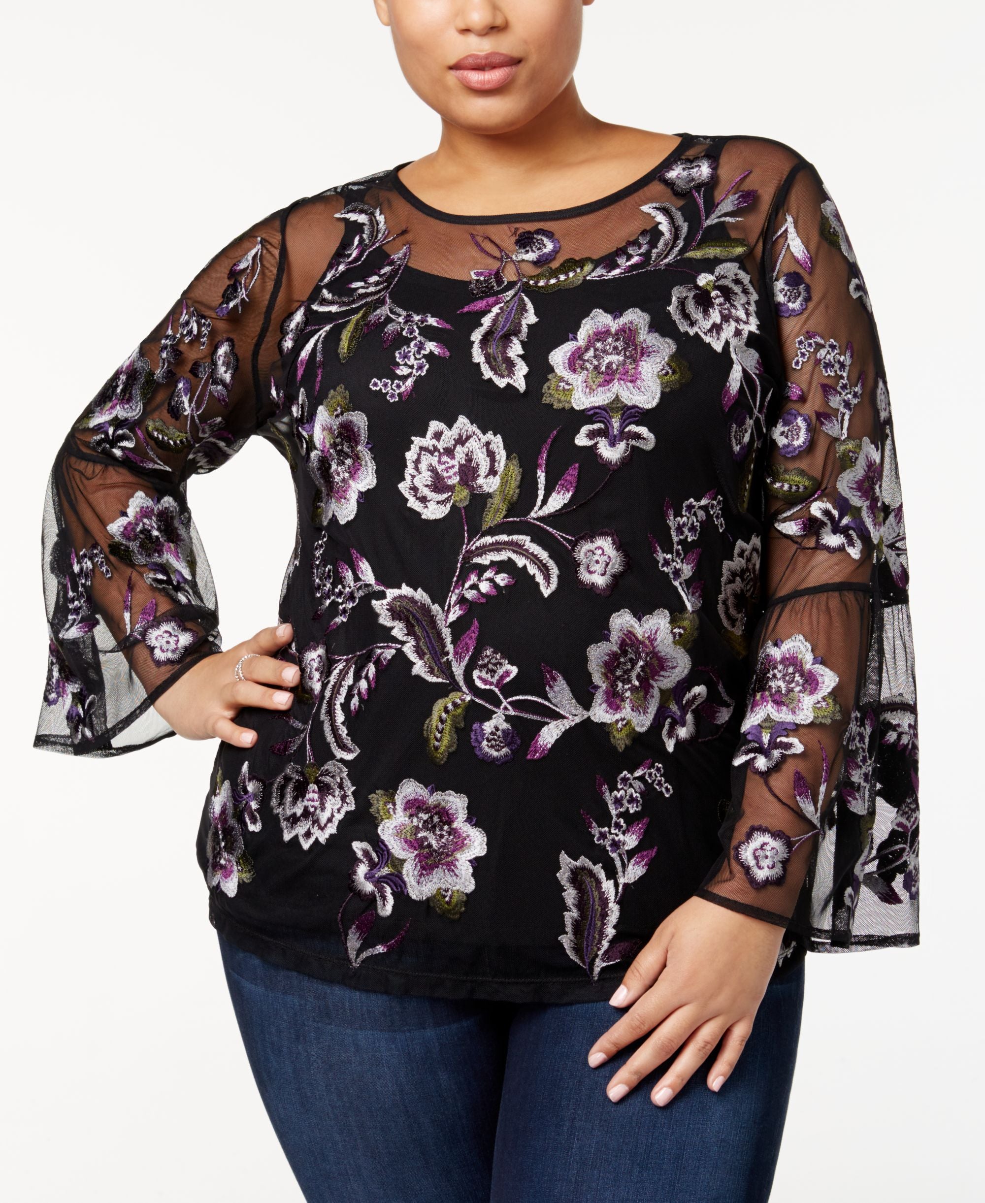 Plus Size Floral Embroidered Mesh Premium Top