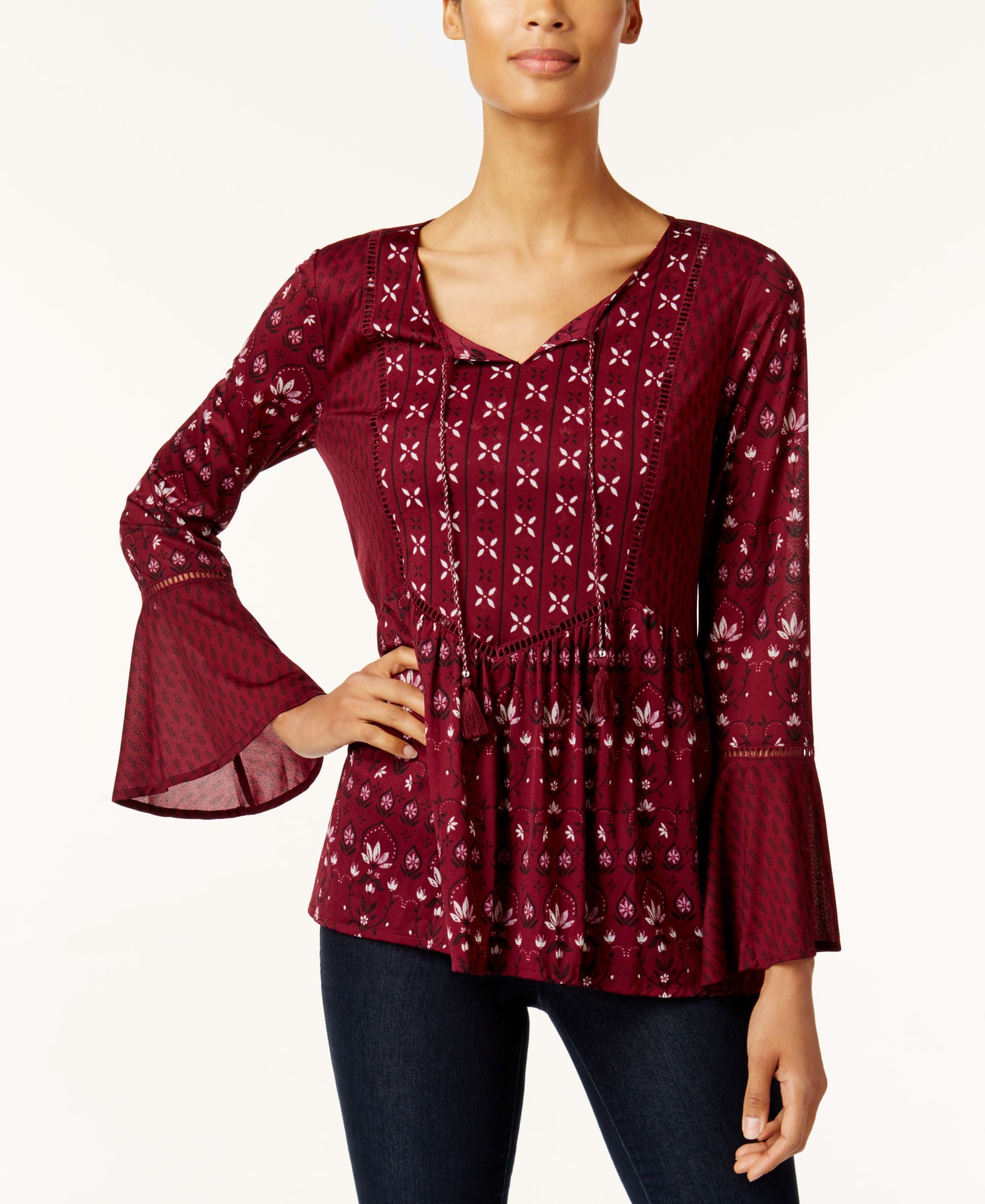 Style & Co Petite Mixed Print Peasant Premium Top