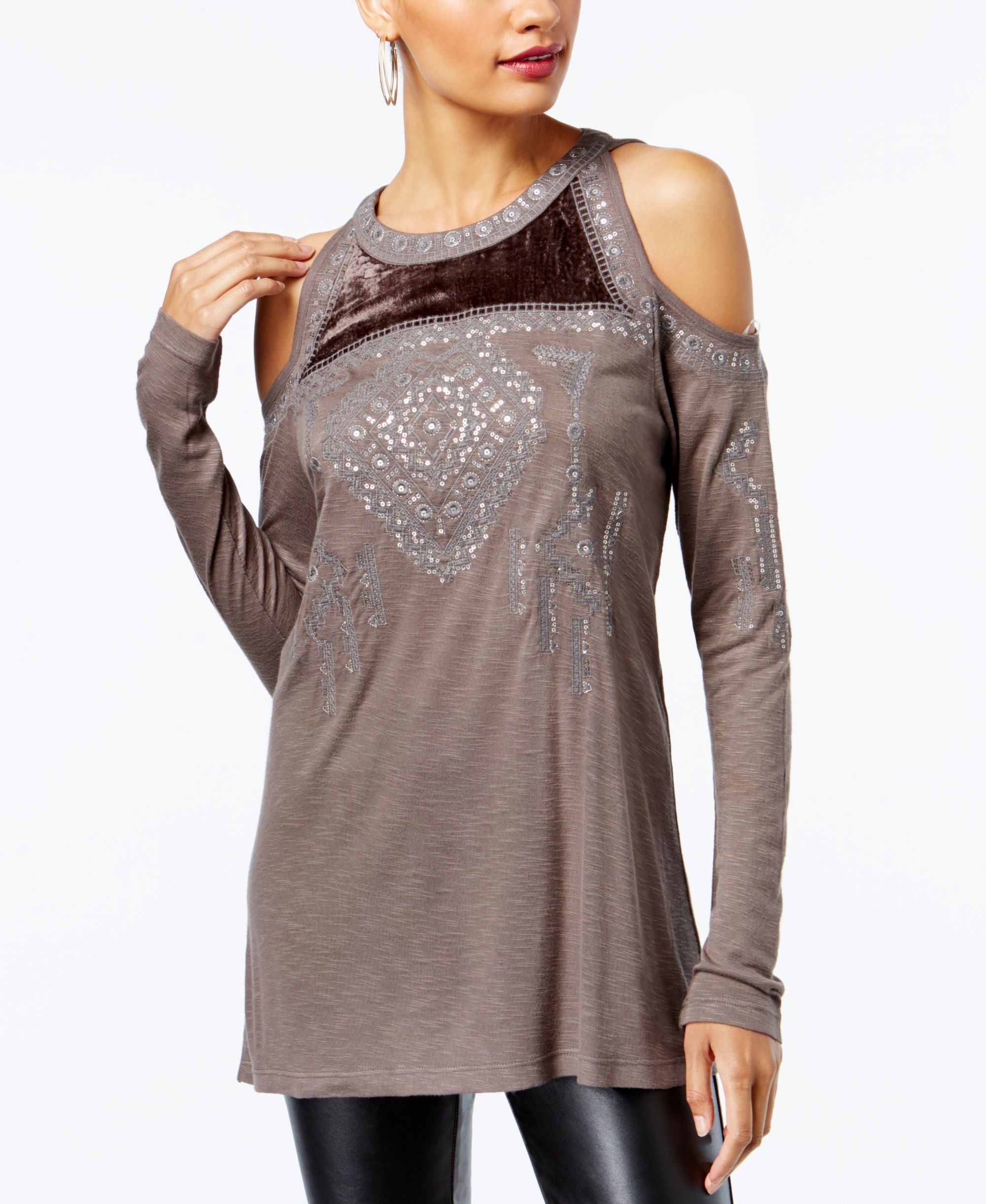 Petite Velvet Trim Cold Shoulder Premium Top