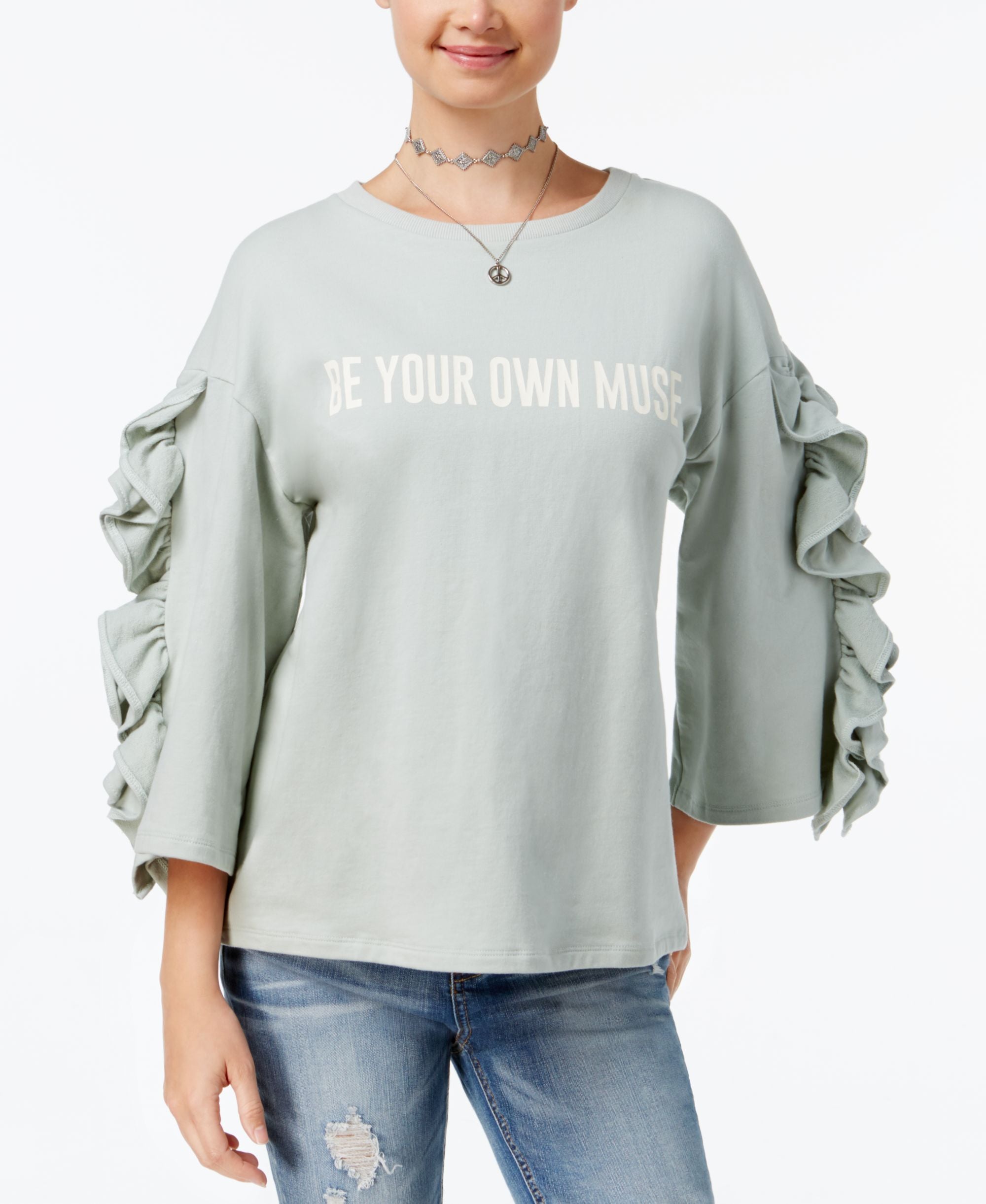 Polly Esther Juniors Ruffle-Sleeve Graphic Sweatshirt