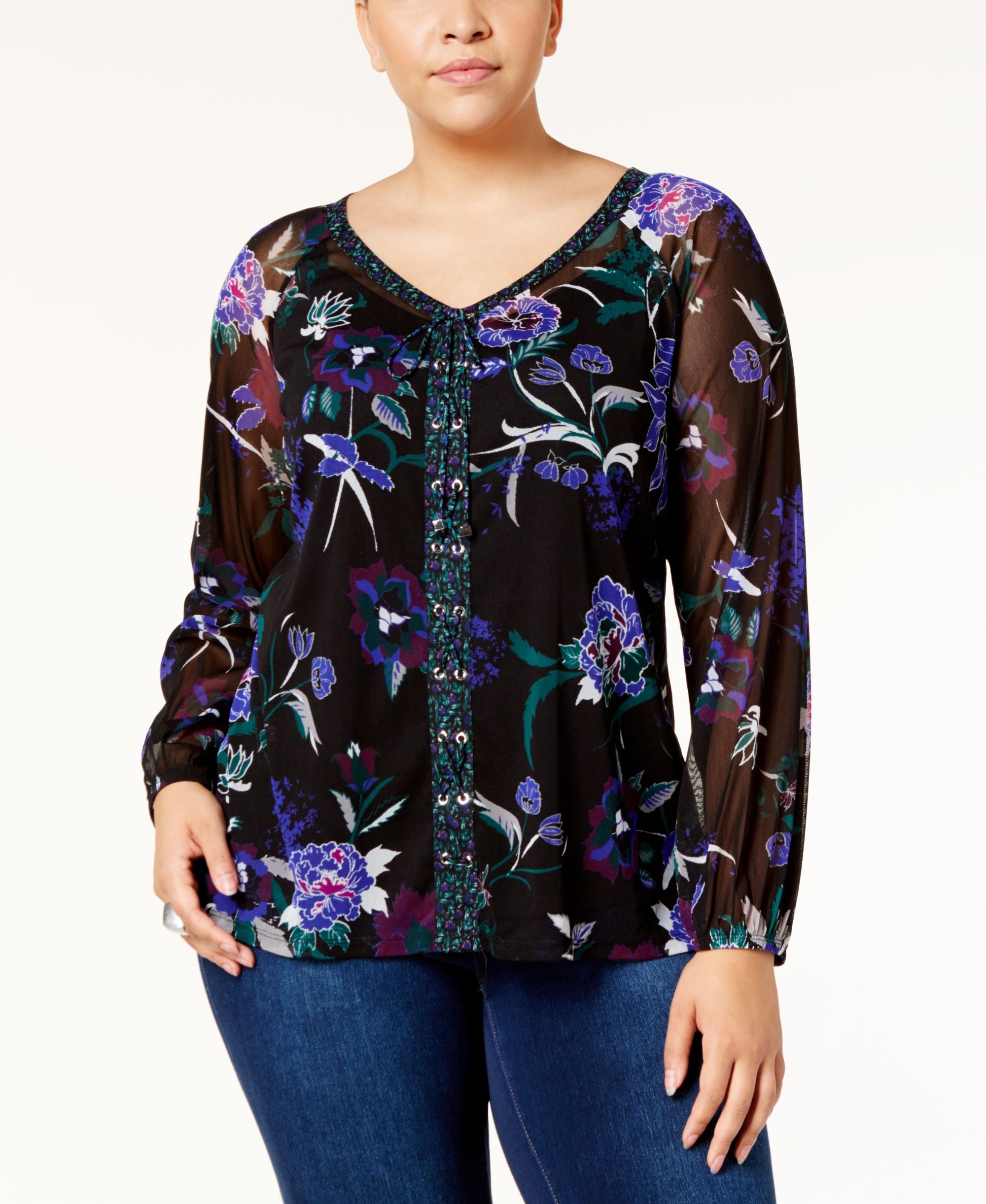 INC International Concepts Plus Size Printed Lace Up Premium Top