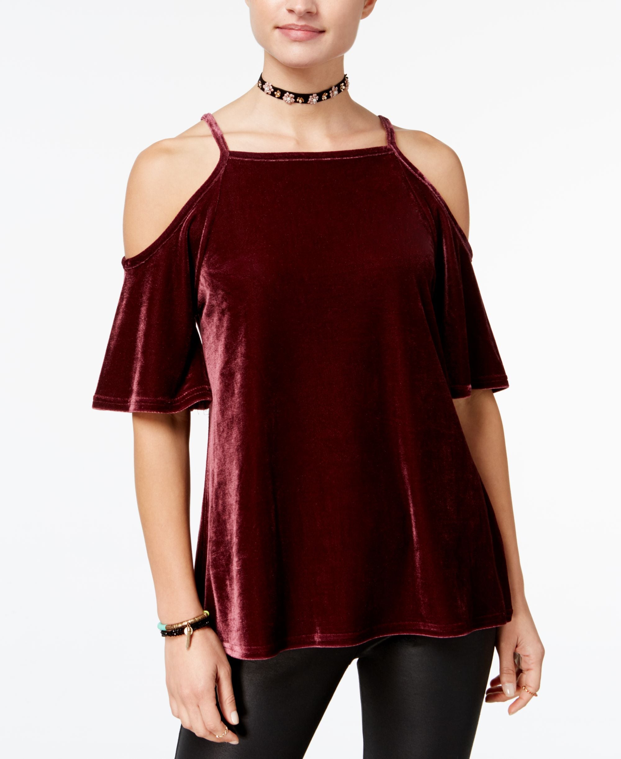 Juniors' Velvet Cold-Shoulder Premium Top