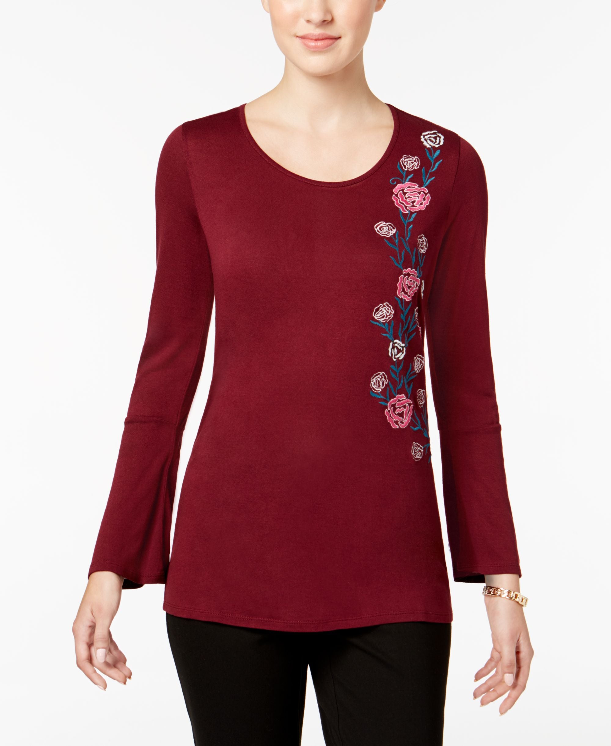 NY Collection Bell Sleeve Embroidered Premium Top