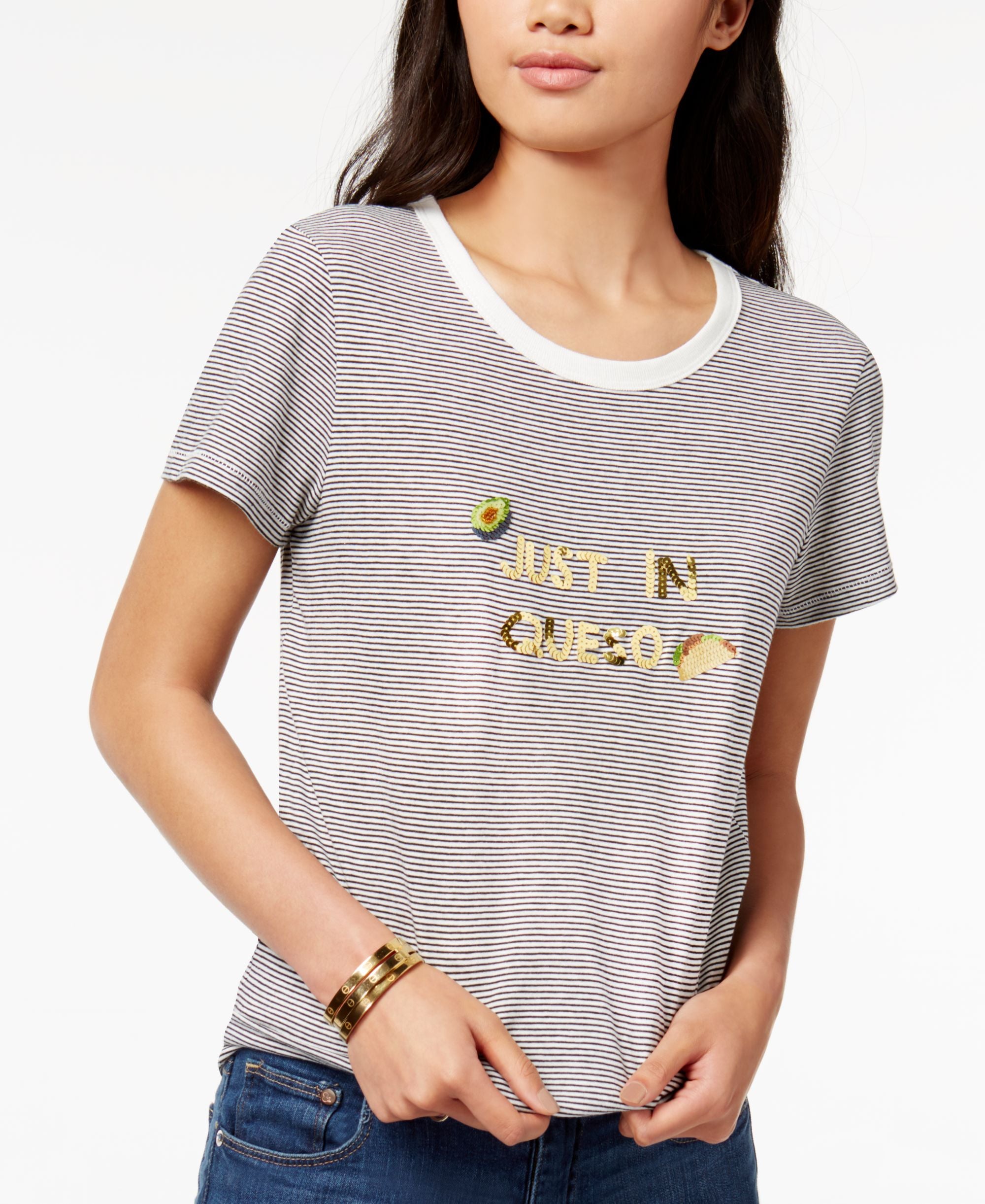 Bow Drape Striped Just In Queso Sequined Graphic T-Modern Shirt