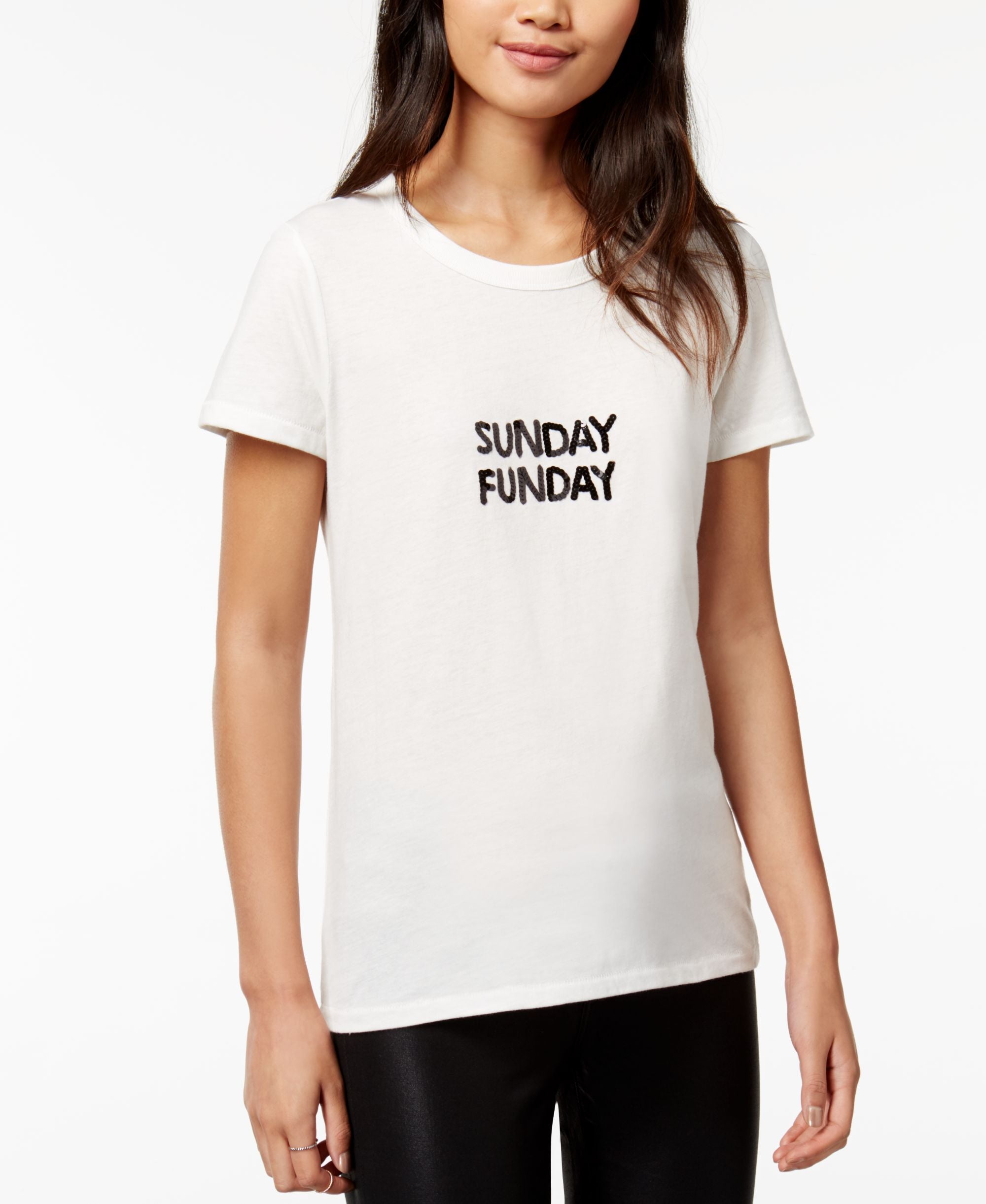 Bow Drape Sunday Funday Sequined Graphic T-Modern Shirt