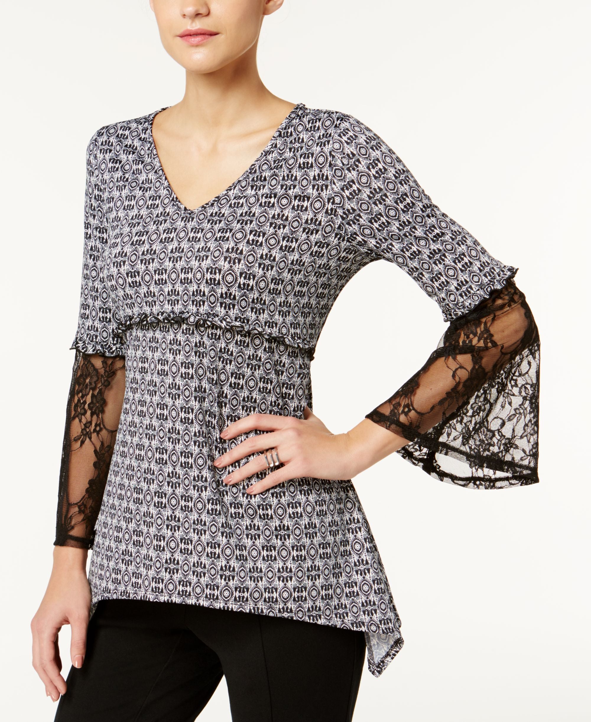NY Collection Printed Lace Sleeve Premium Top
