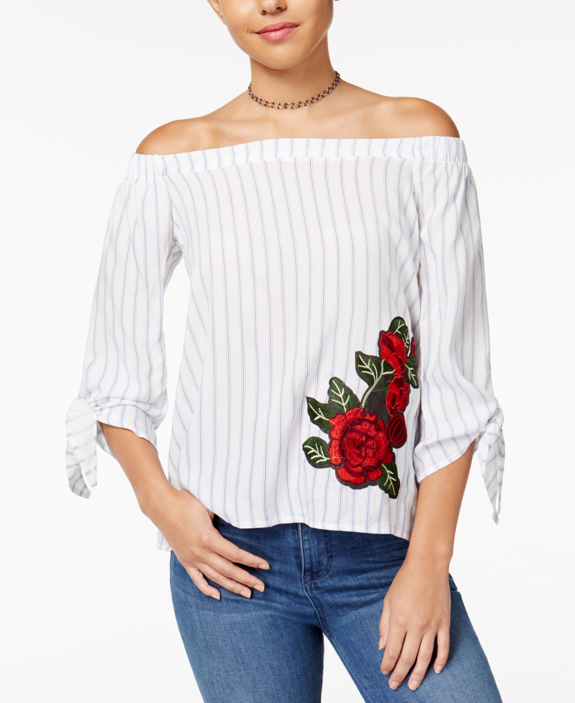 Polly Esther Juniors Cotton Striped Off The Shoulder Premium Top