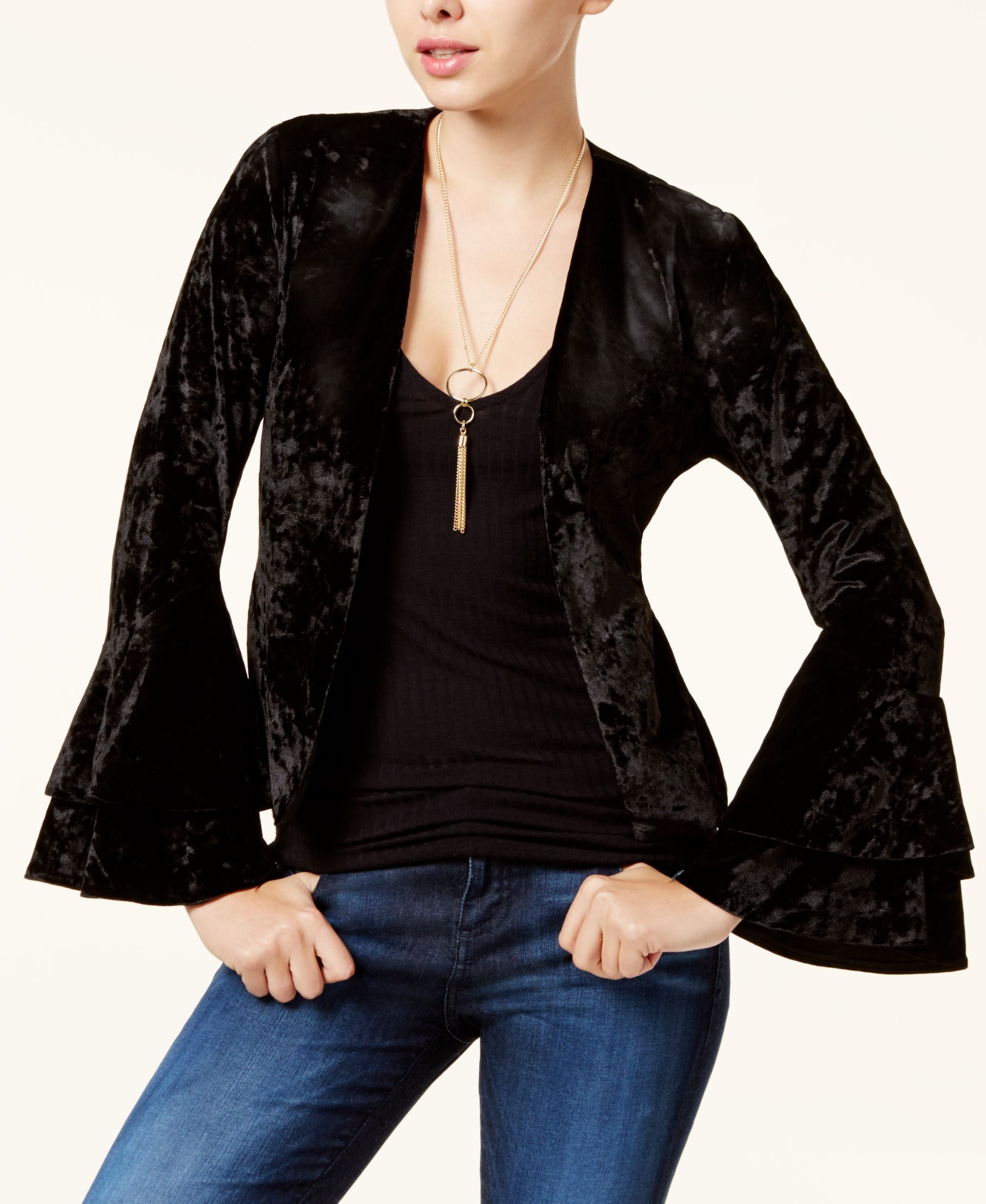Juniors' Crushed Velvet Tiered Flounce Ruffled Blazer